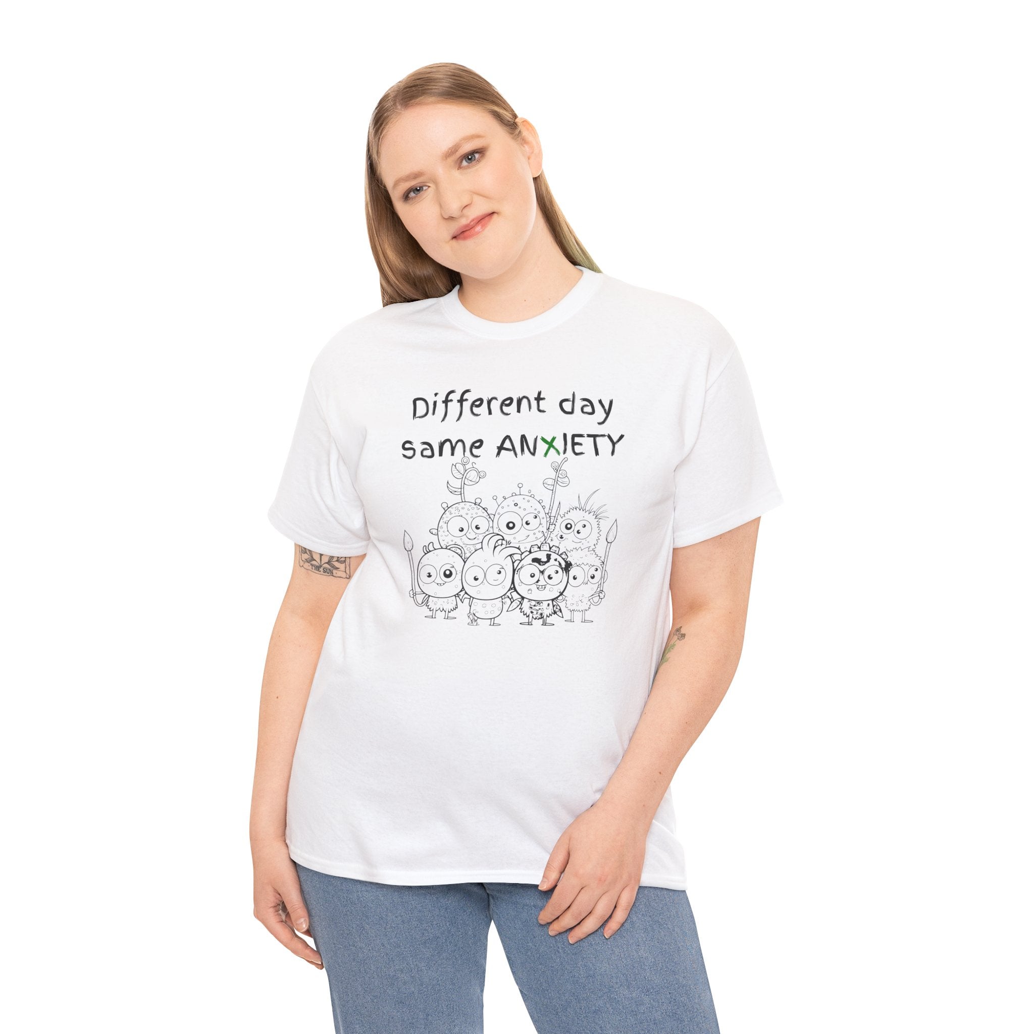 Anxiety Cartoon Tee — "Different day same ANXIETY" Mental Health Graphic T-Shirt