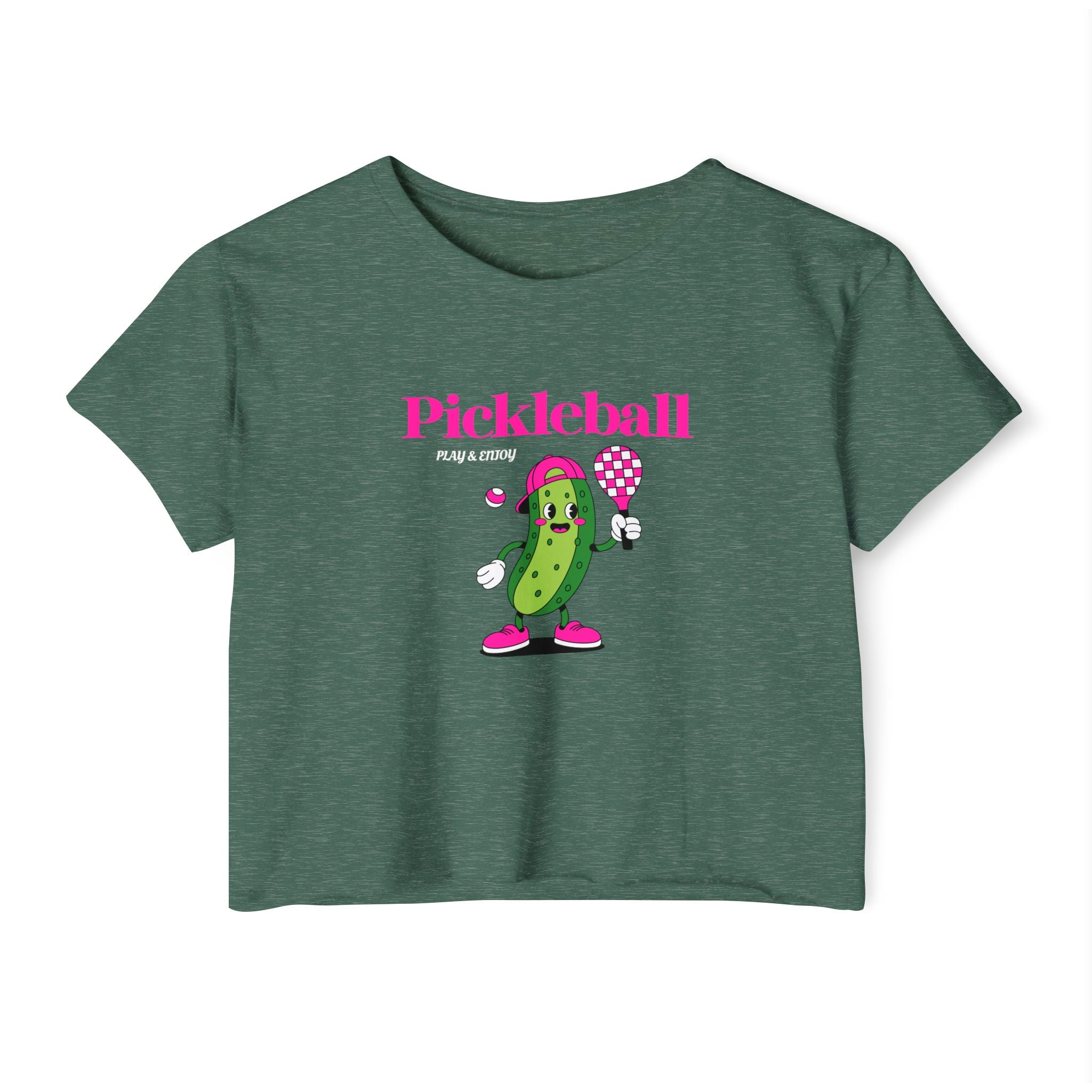 Pickleball Festival Crop Top — Cute Pickle Character Graphic Tee for Women