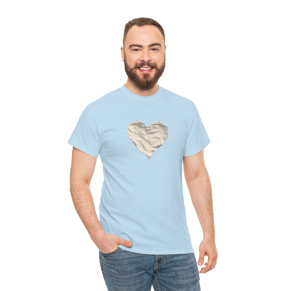 Crinkled Paper Heart Tee - Minimalist White Cotton Shirt