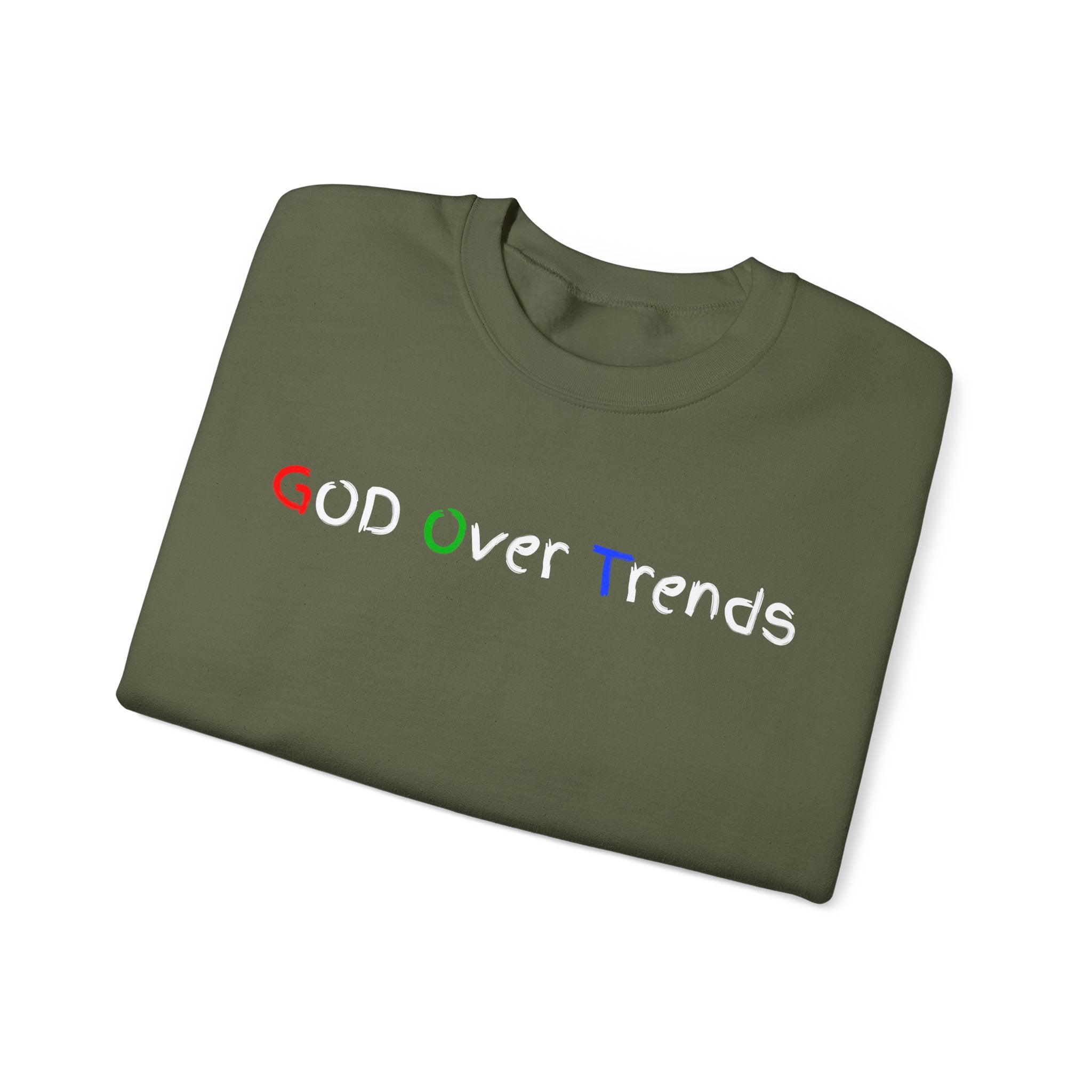 Crewneck Sweatshirt — "GOD over Trends" Colorful Faith Graphic