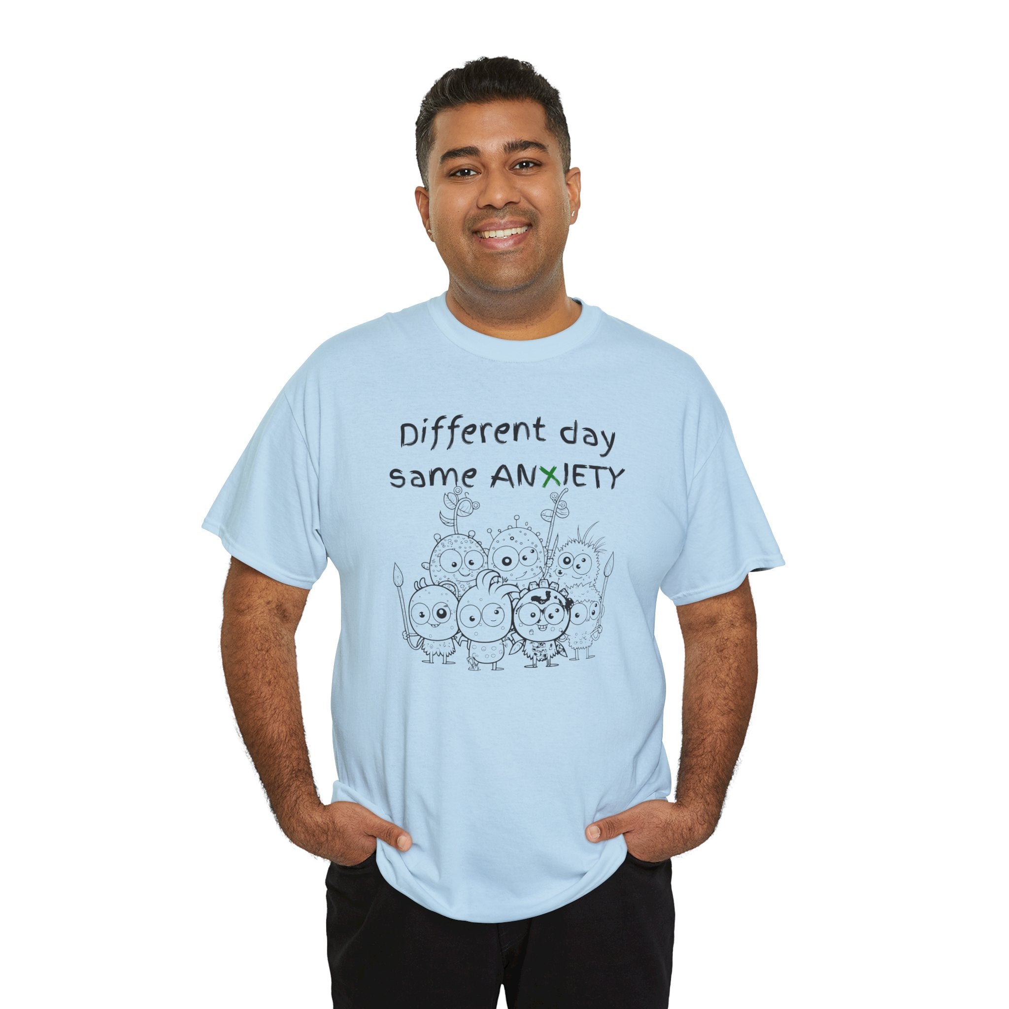 Anxiety Cartoon Tee — "Different day same ANXIETY" Mental Health Graphic T-Shirt