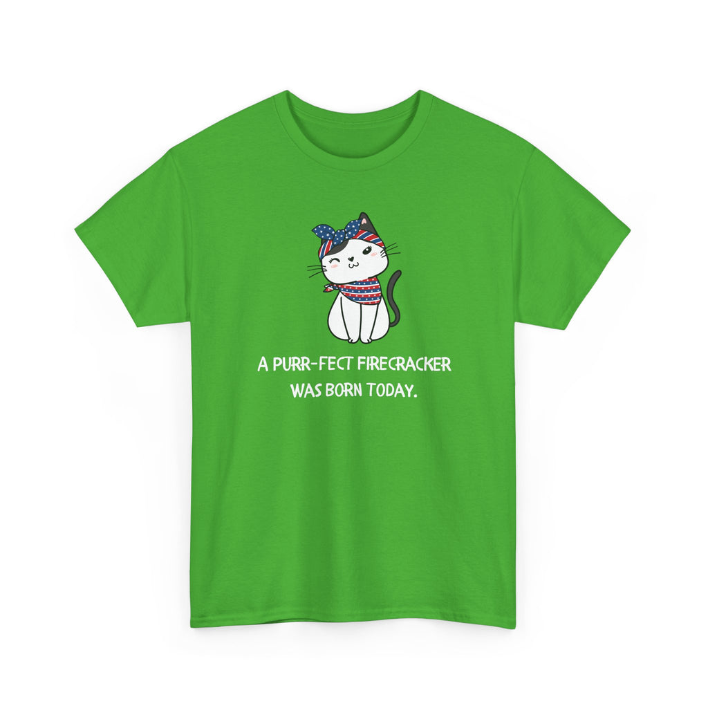 Cat Birthday Tee — "A Purr-fect Firecracker Was Born Today"