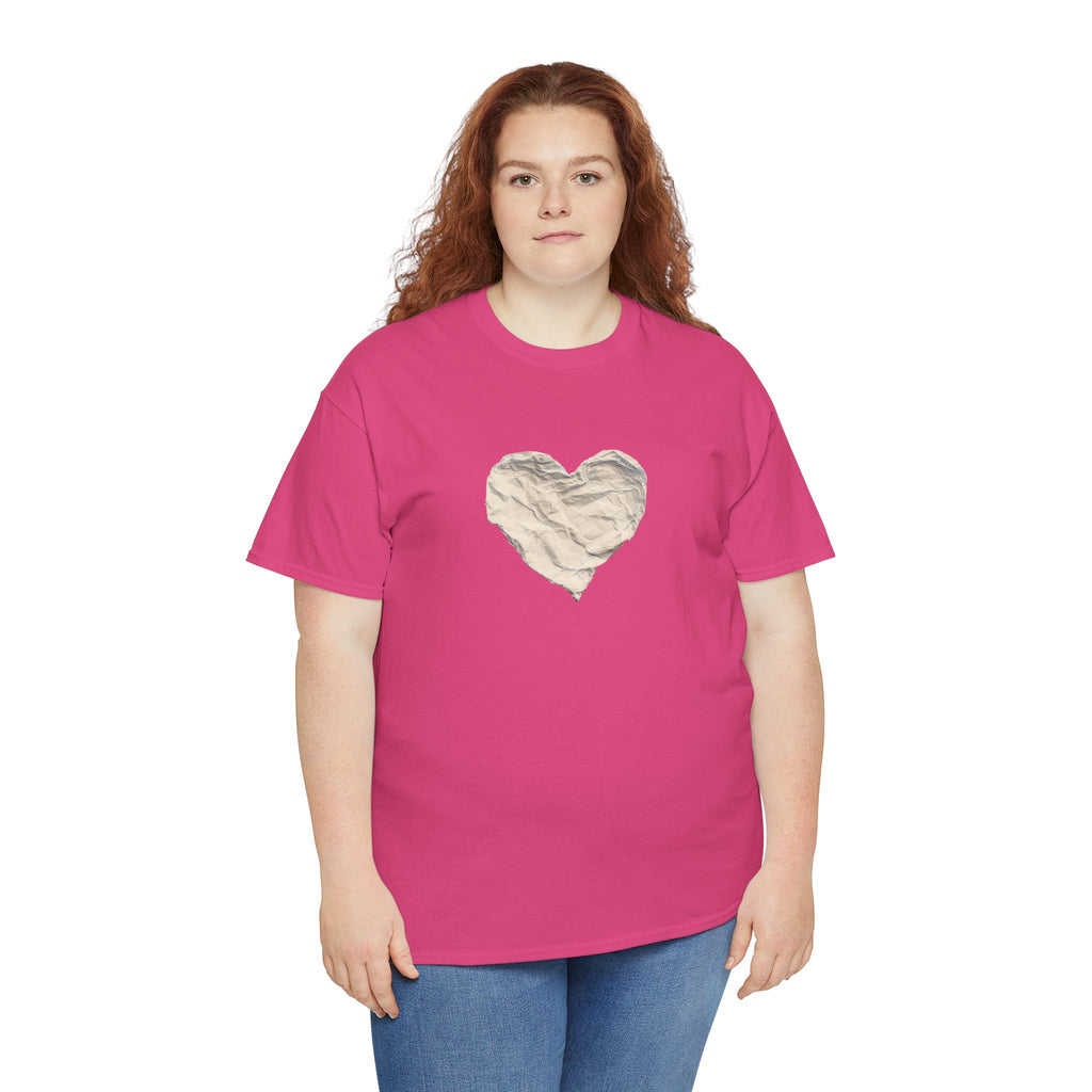 Crinkled Paper Heart Tee - Minimalist White Cotton Shirt