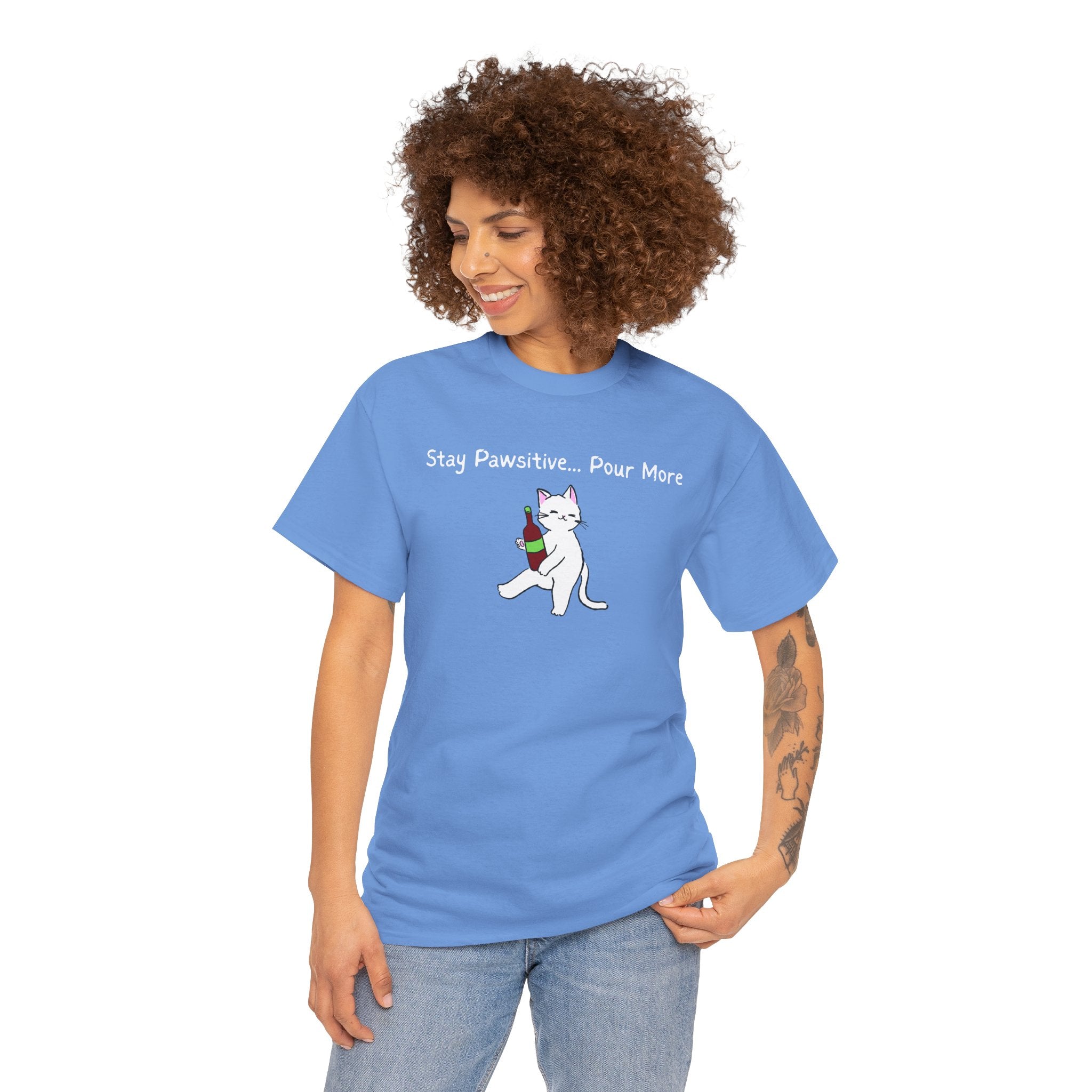 Cat Wine Tee - "Stay Pawsitive Pour More" Funny Cat Drinking T-Shirt
