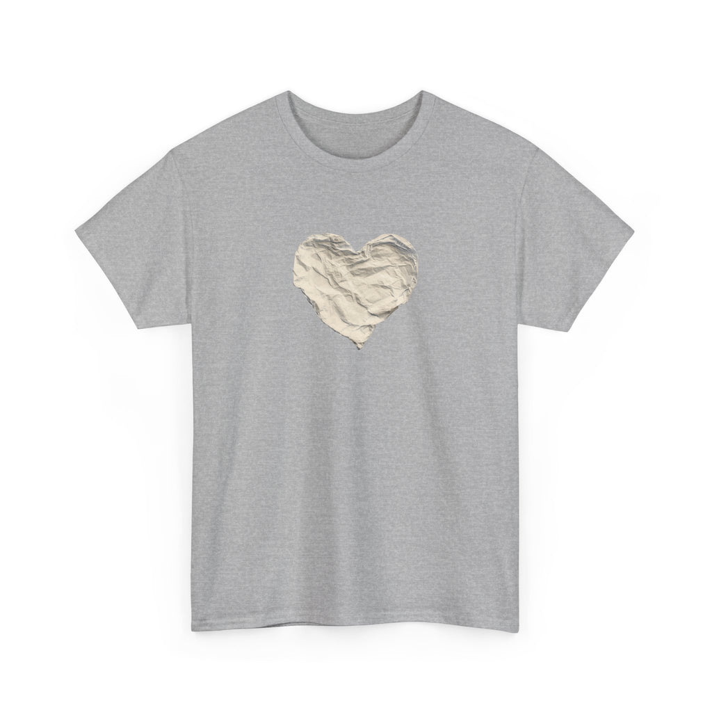 Crinkled Paper Heart Tee - Minimalist White Cotton Shirt