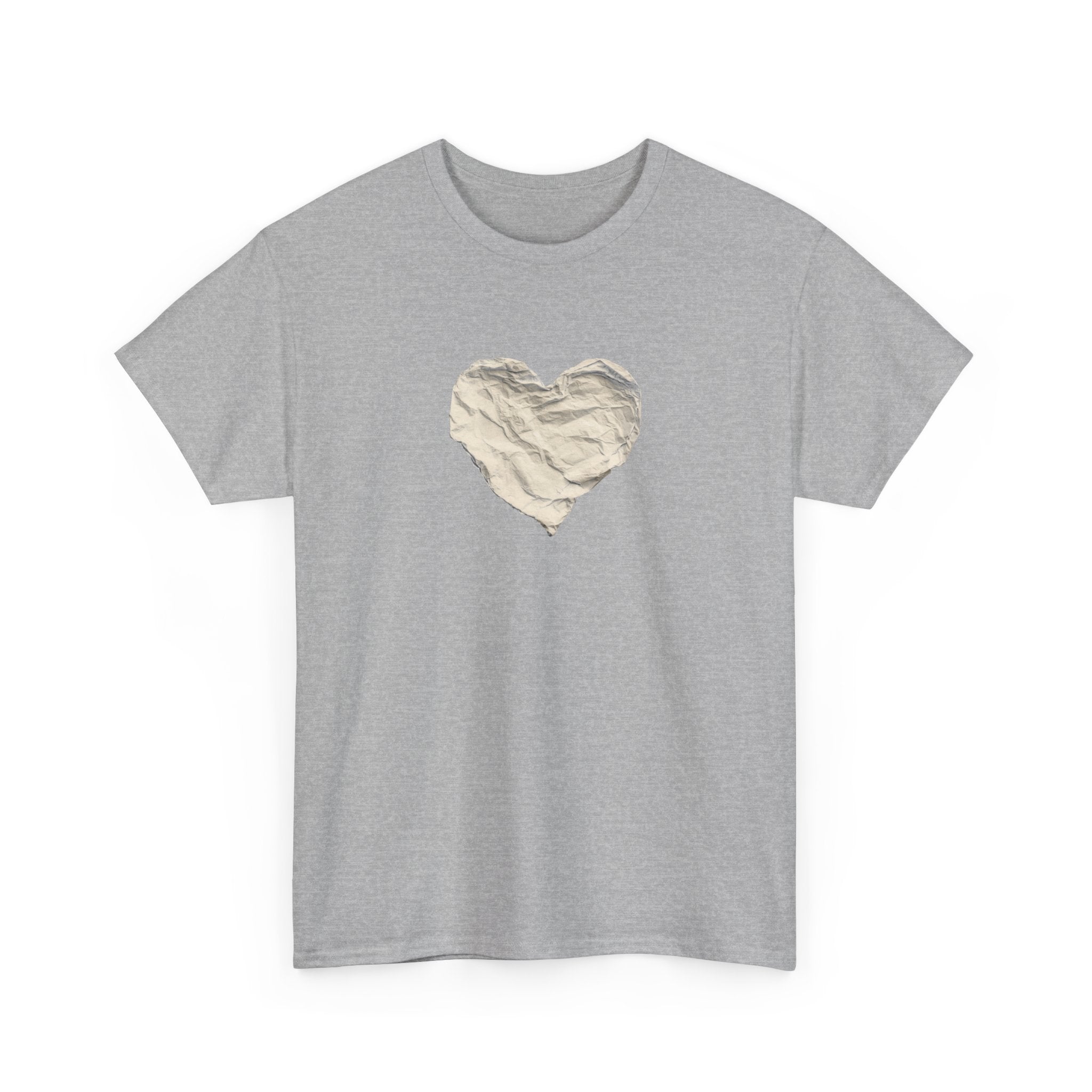Crinkled Paper Heart Tee - Minimalist White Cotton Shirt