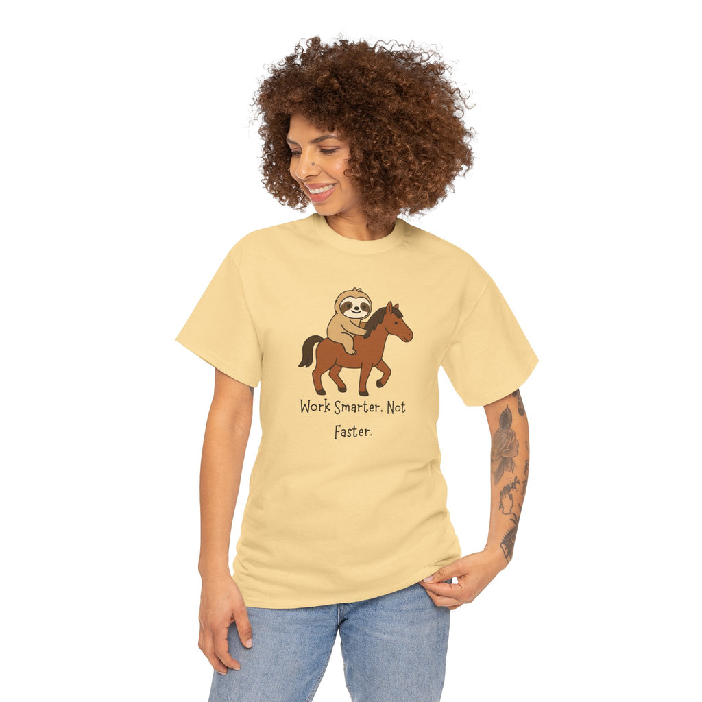 Sloth on Horse Tee — "Work Smarter, Not Faster" Cute Casual Graphic T-Shirt