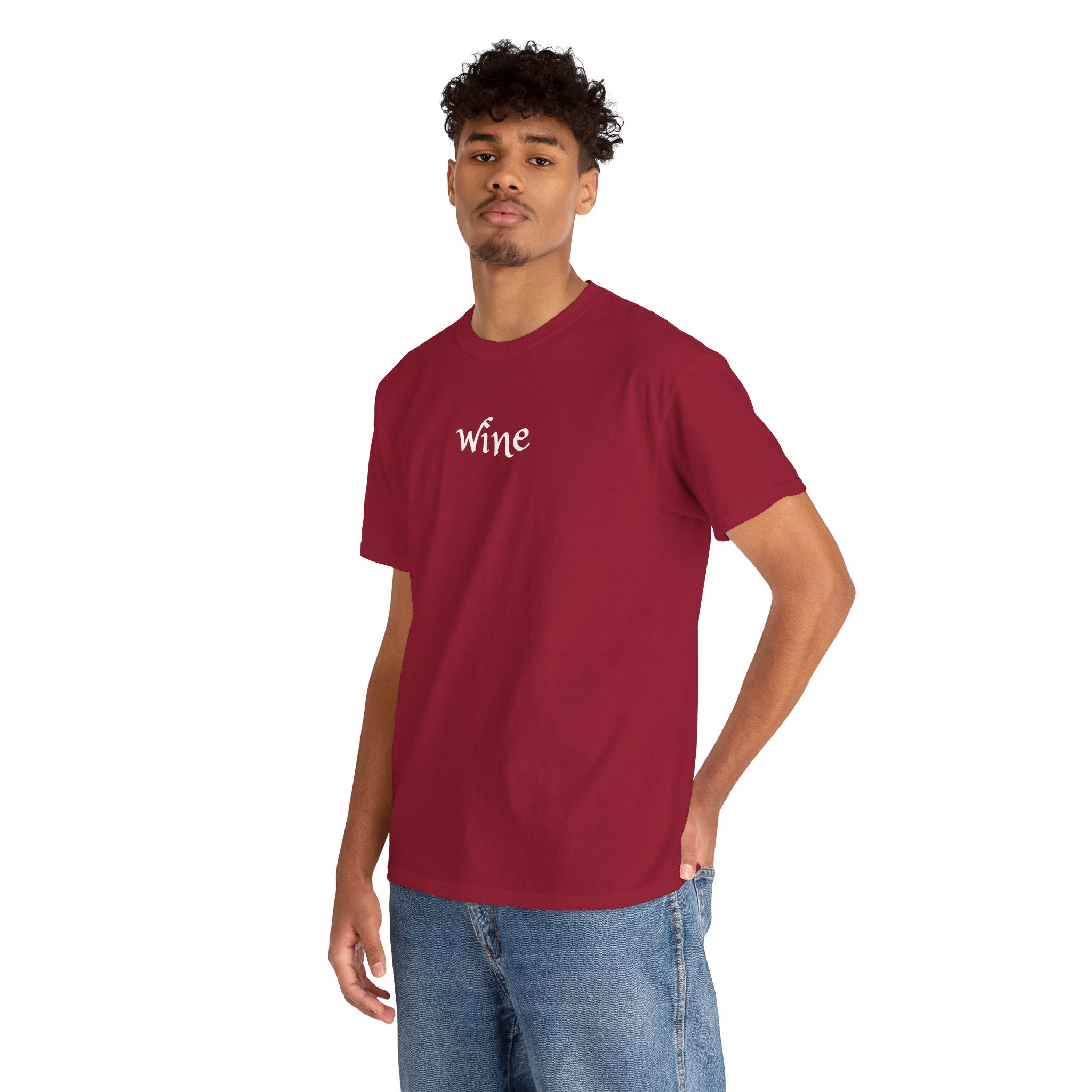 Wine Graphic Tee — Minimalist Small Chest 'wine' Text T‑Shirt