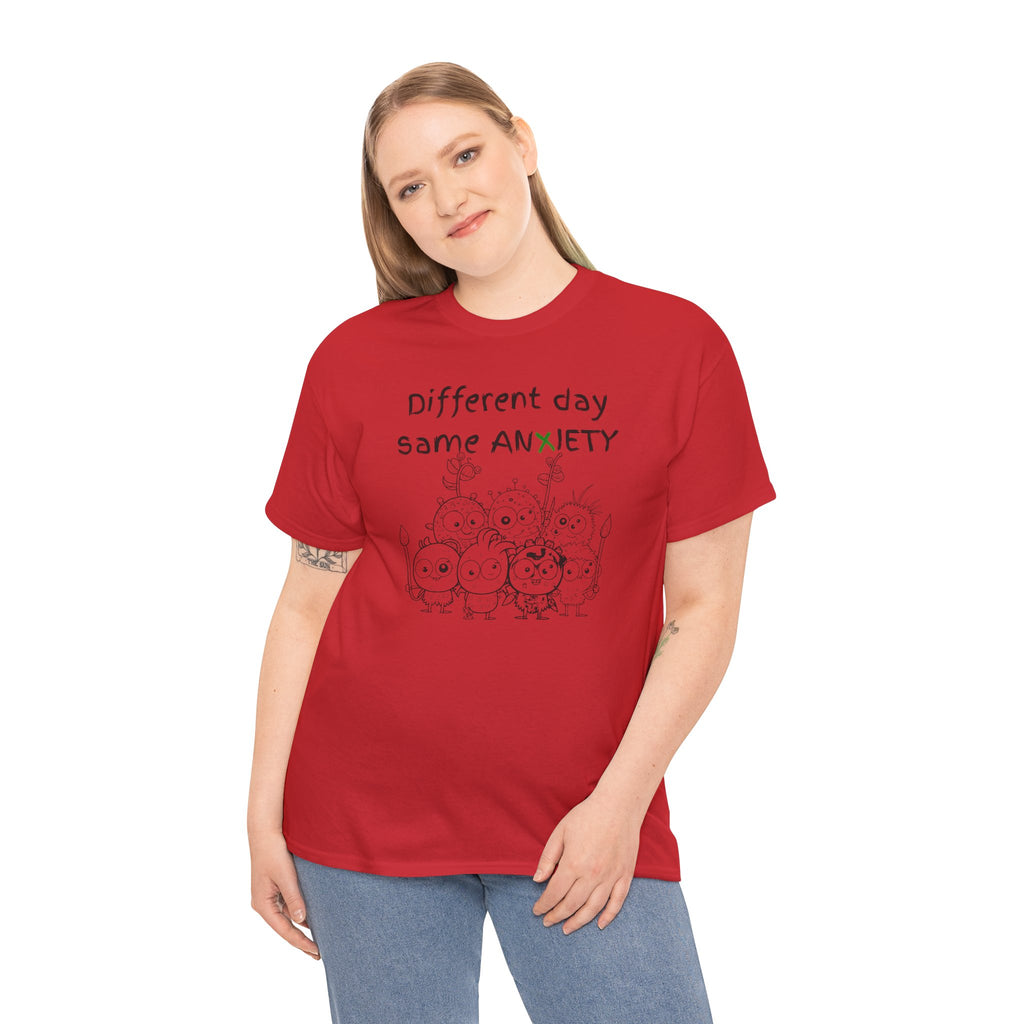 Anxiety Cartoon Tee — "Different day same ANXIETY" Mental Health Graphic T-Shirt