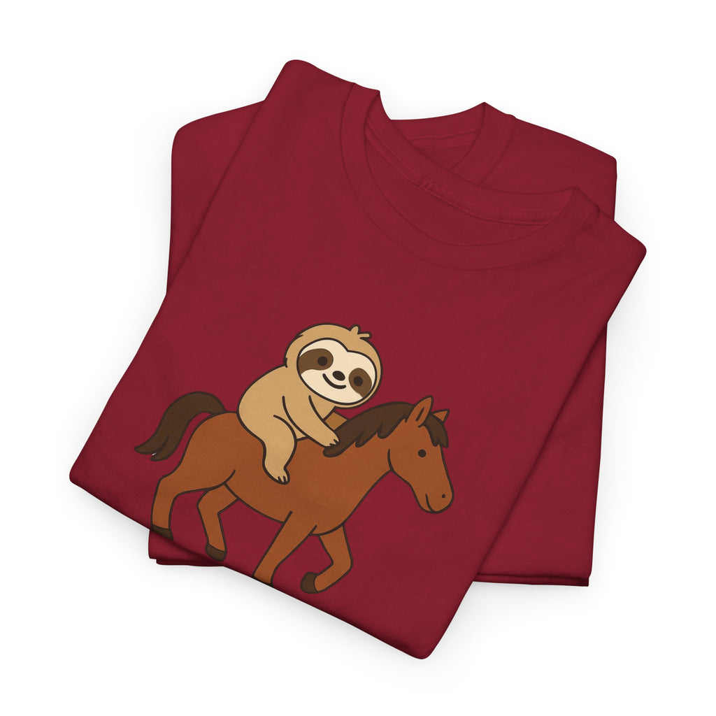 Sloth on Horse Tee — "Work Smarter, Not Faster" Cute Casual Graphic T-Shirt