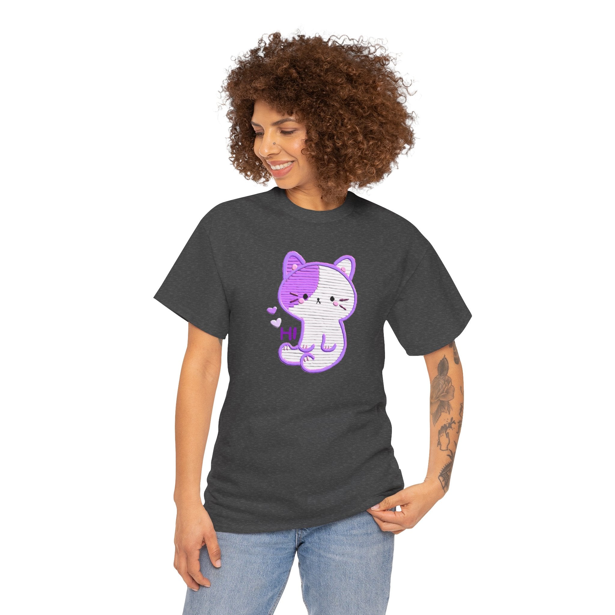 Cute Purple Cat “Hi” T-Shirt — Kawaii Kitten Graphic Tee