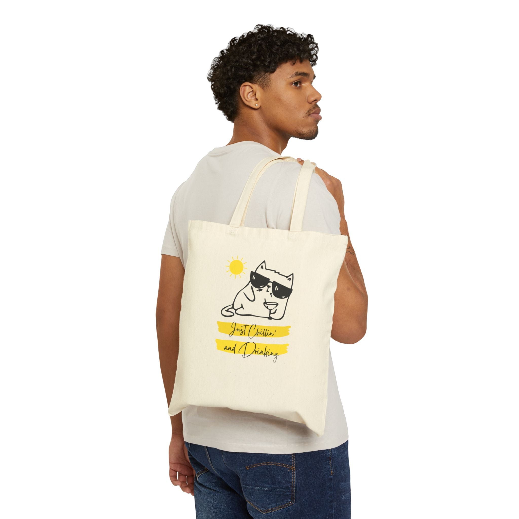 Cat Chill Tote Bag — "Just Chillin' and Drinking" Cotton Canvas Grocery Tote