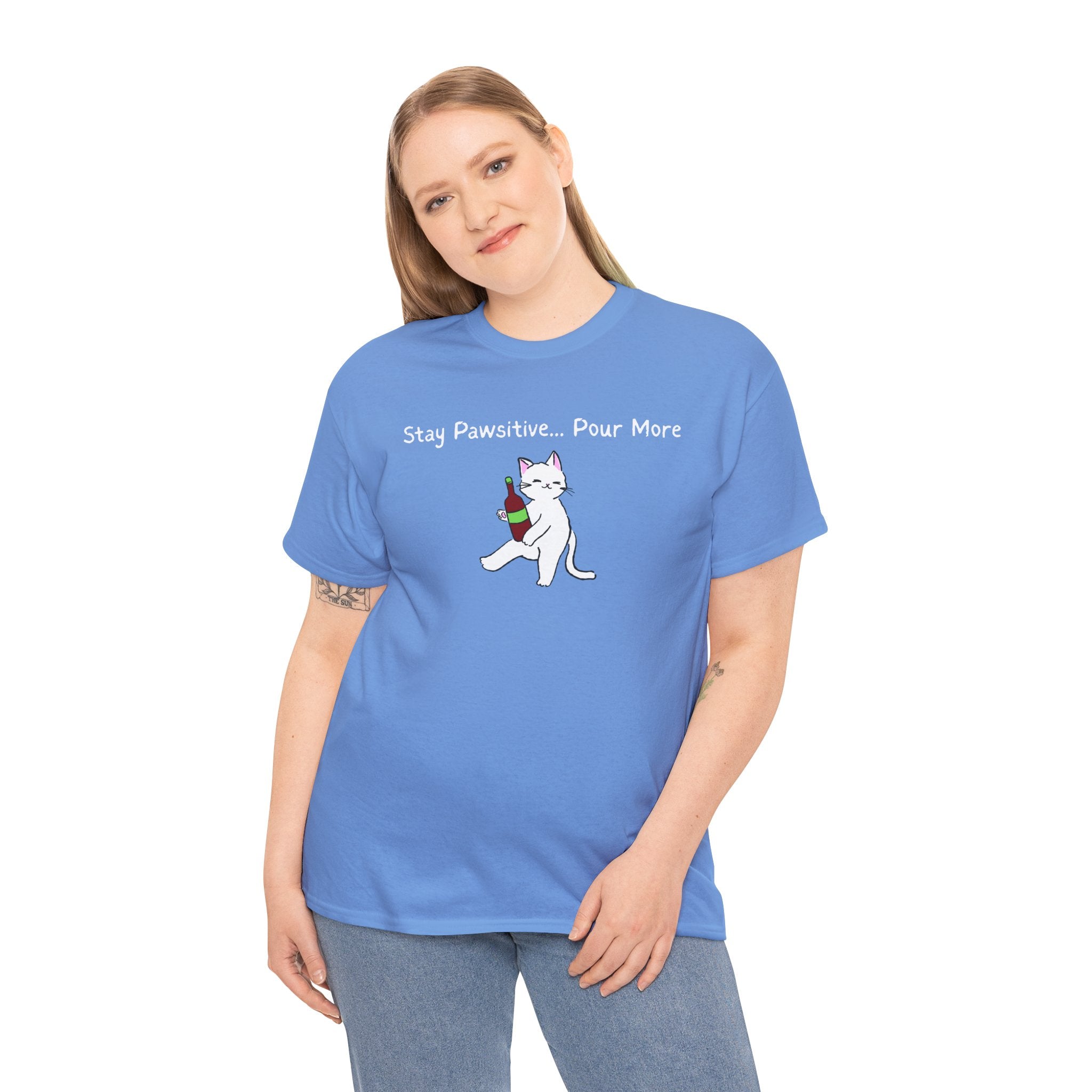 Cat Wine Tee - "Stay Pawsitive Pour More" Funny Cat Drinking T-Shirt