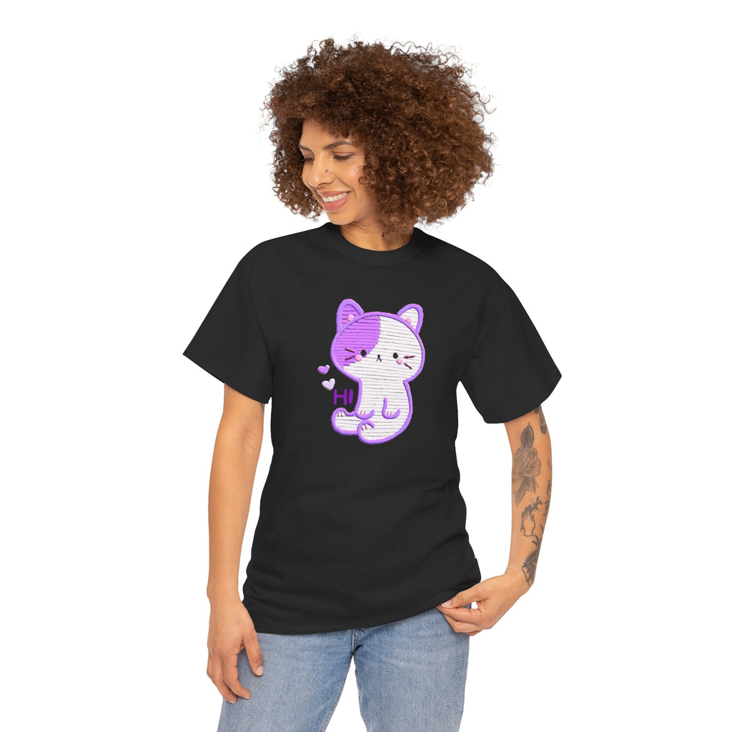 Cute Purple Cat “Hi” T-Shirt — Kawaii Kitten Graphic Tee