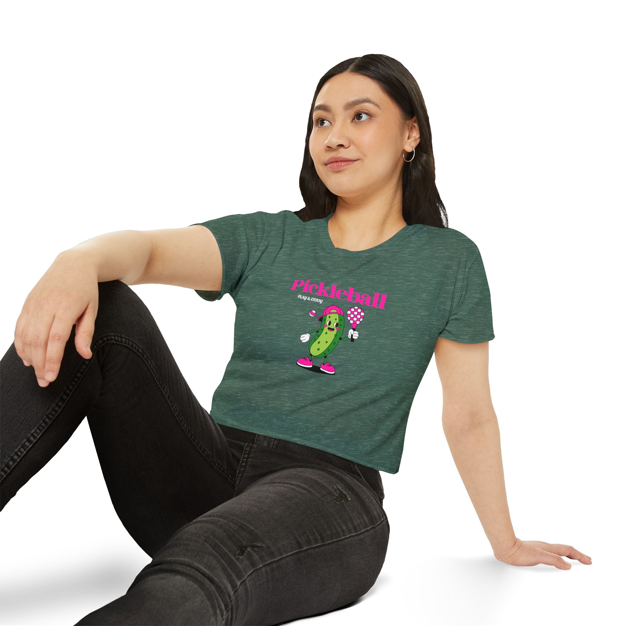 Pickleball Festival Crop Top — Cute Pickle Character Graphic Tee for Women