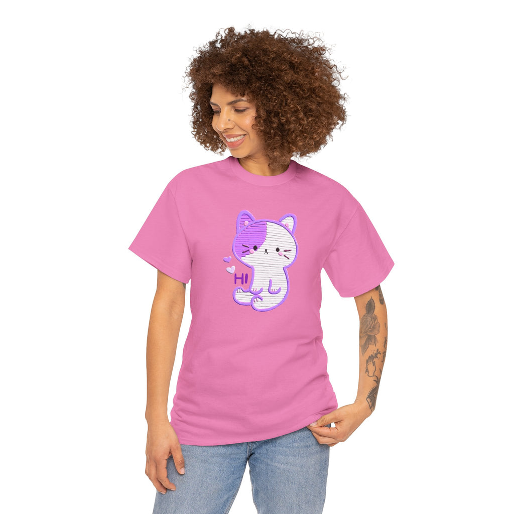 Cute Purple Cat “Hi” T-Shirt — Kawaii Kitten Graphic Tee
