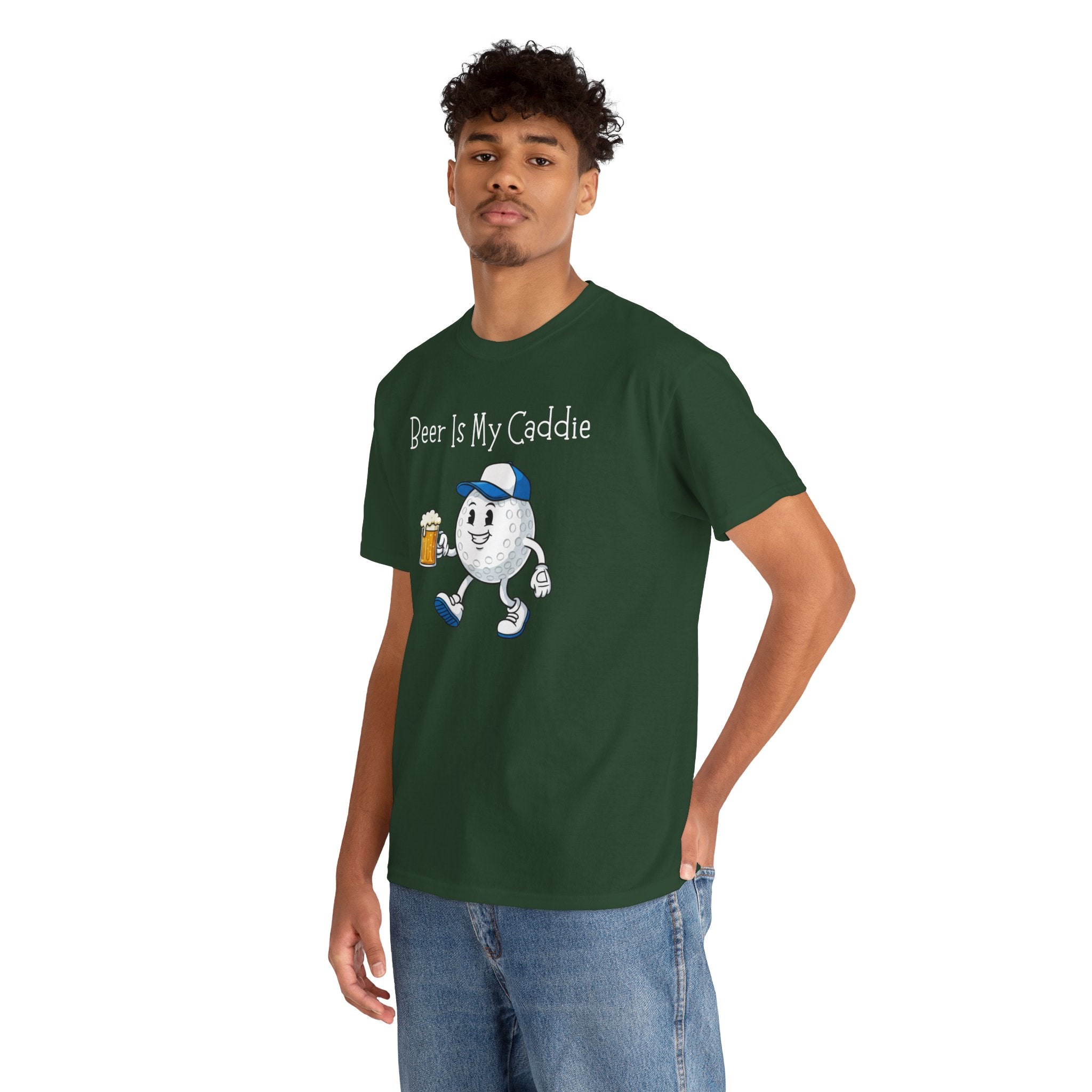 Golf Ball Cartoon Tee — "Beer Is My Caddie" Funny Golf Shirt