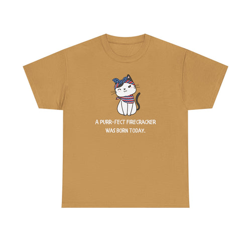 Cat Birthday Tee — "A Purr-fect Firecracker Was Born Today"