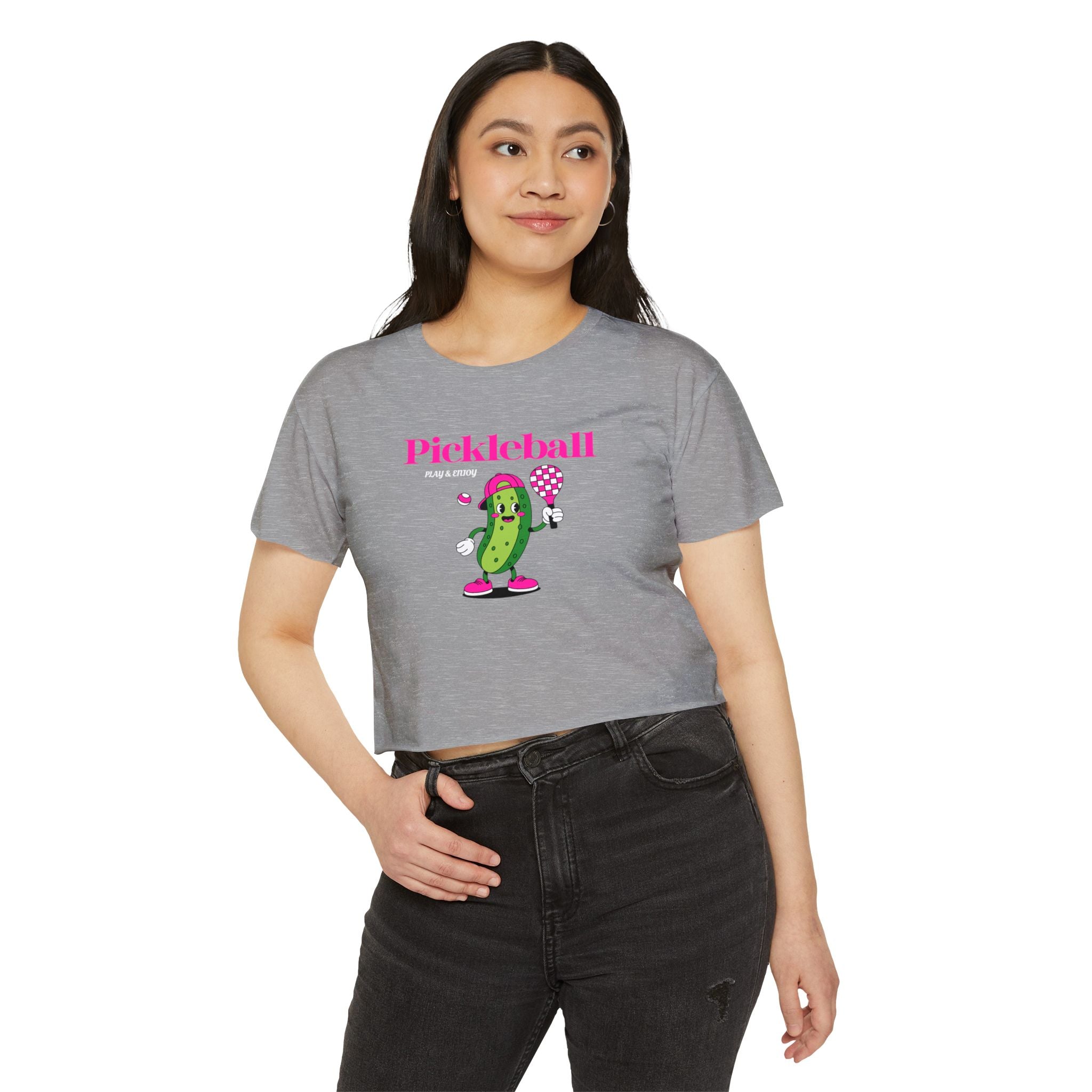 Pickleball Festival Crop Top — Cute Pickle Character Graphic Tee for Women