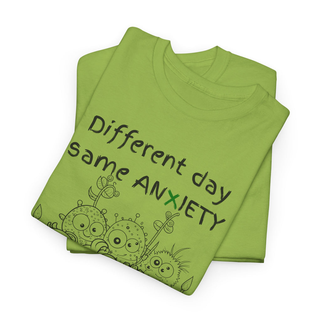 Anxiety Cartoon Tee — "Different day same ANXIETY" Mental Health Graphic T-Shirt