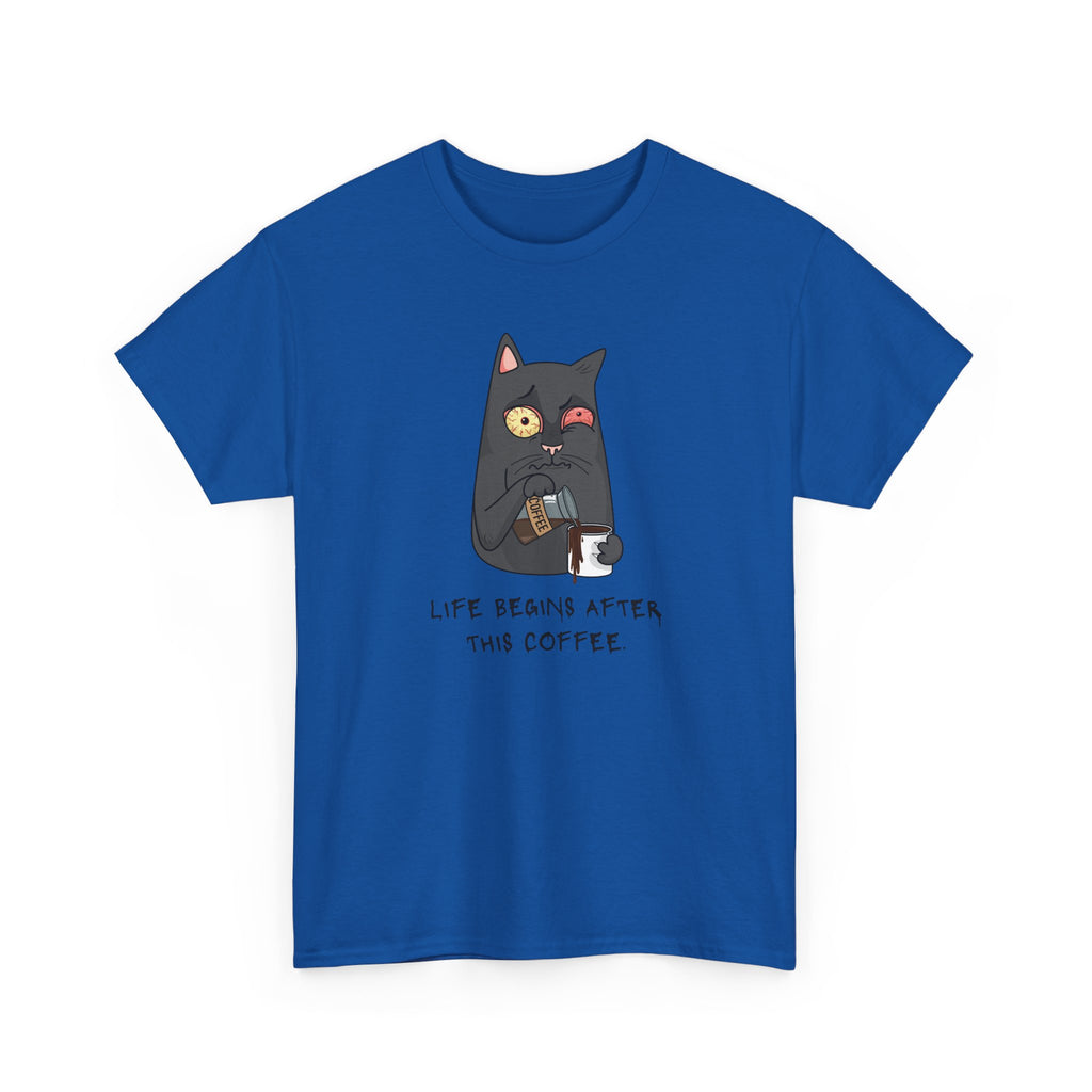 Cat Coffee T-Shirt — "Life Begins After This Coffee" Cute Cat Graphic Tee