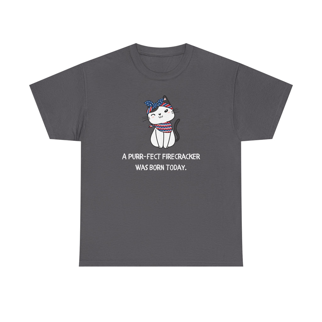 Cat Birthday Tee — "A Purr-fect Firecracker Was Born Today"
