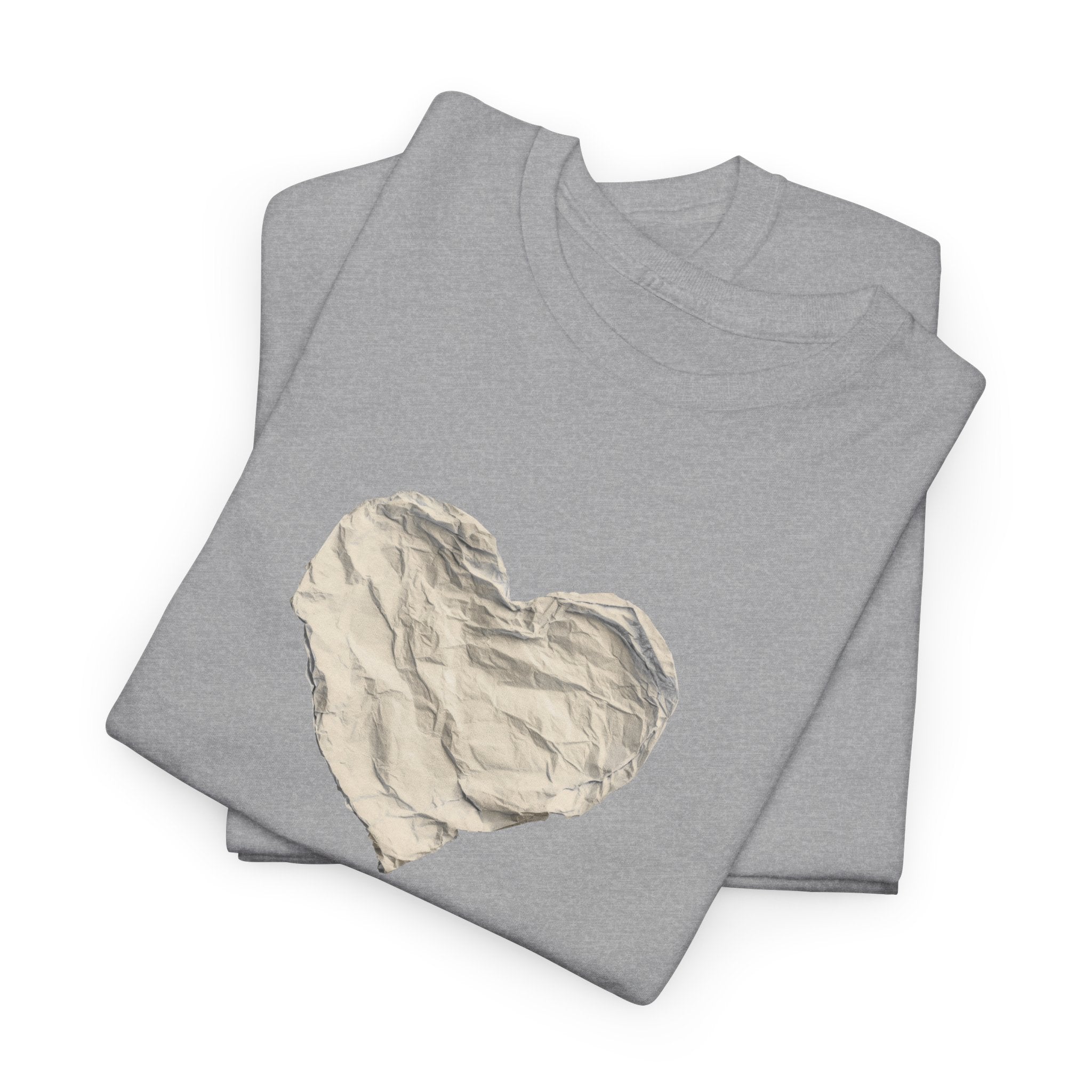 Crinkled Paper Heart Tee - Minimalist White Cotton Shirt