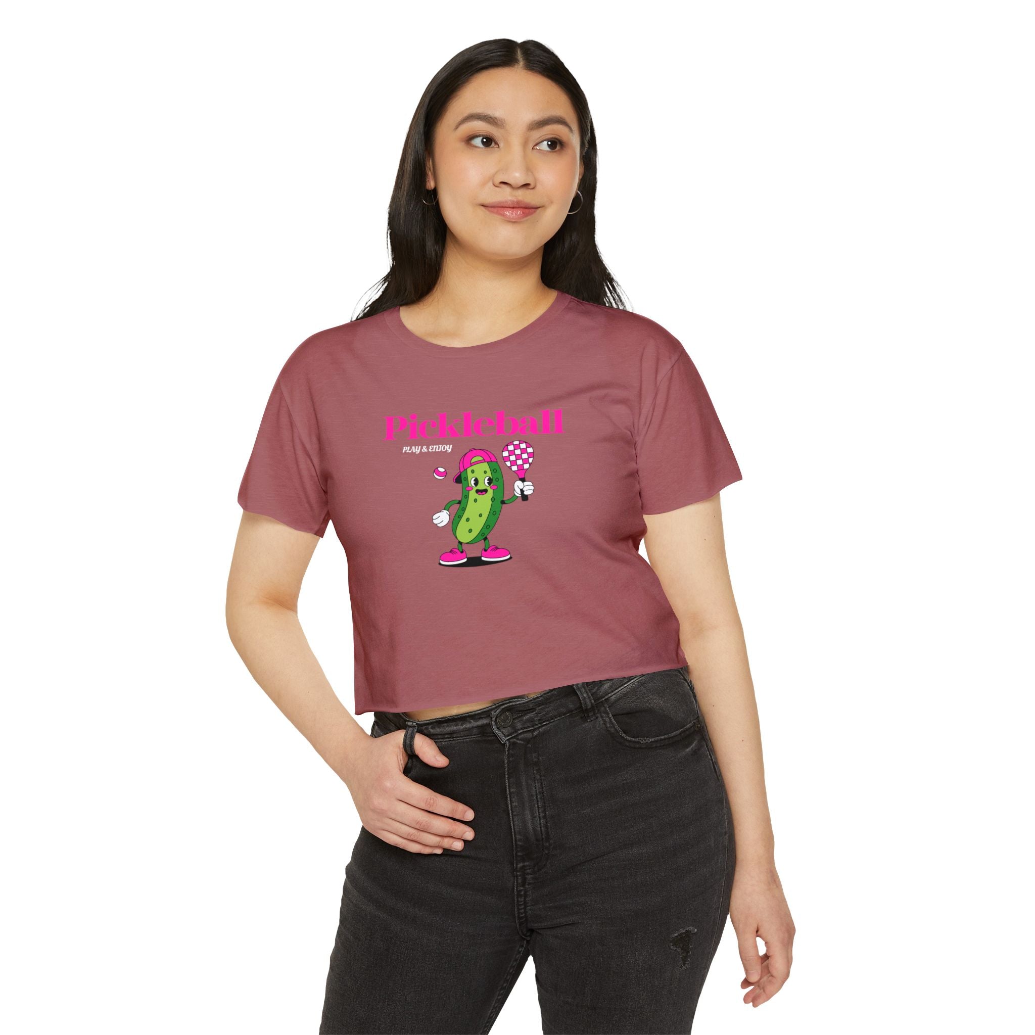 Pickleball Festival Crop Top — Cute Pickle Character Graphic Tee for Women