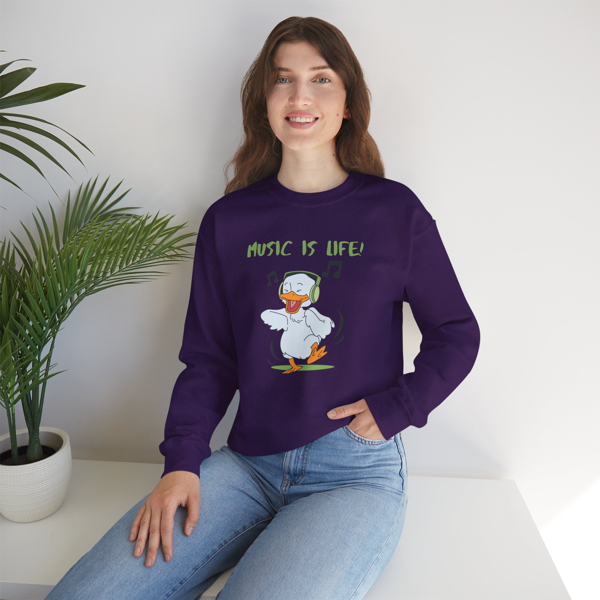 Music Is Life Duck Crewneck Sweatshirt – Cute DJ Duck Graphic Pullover