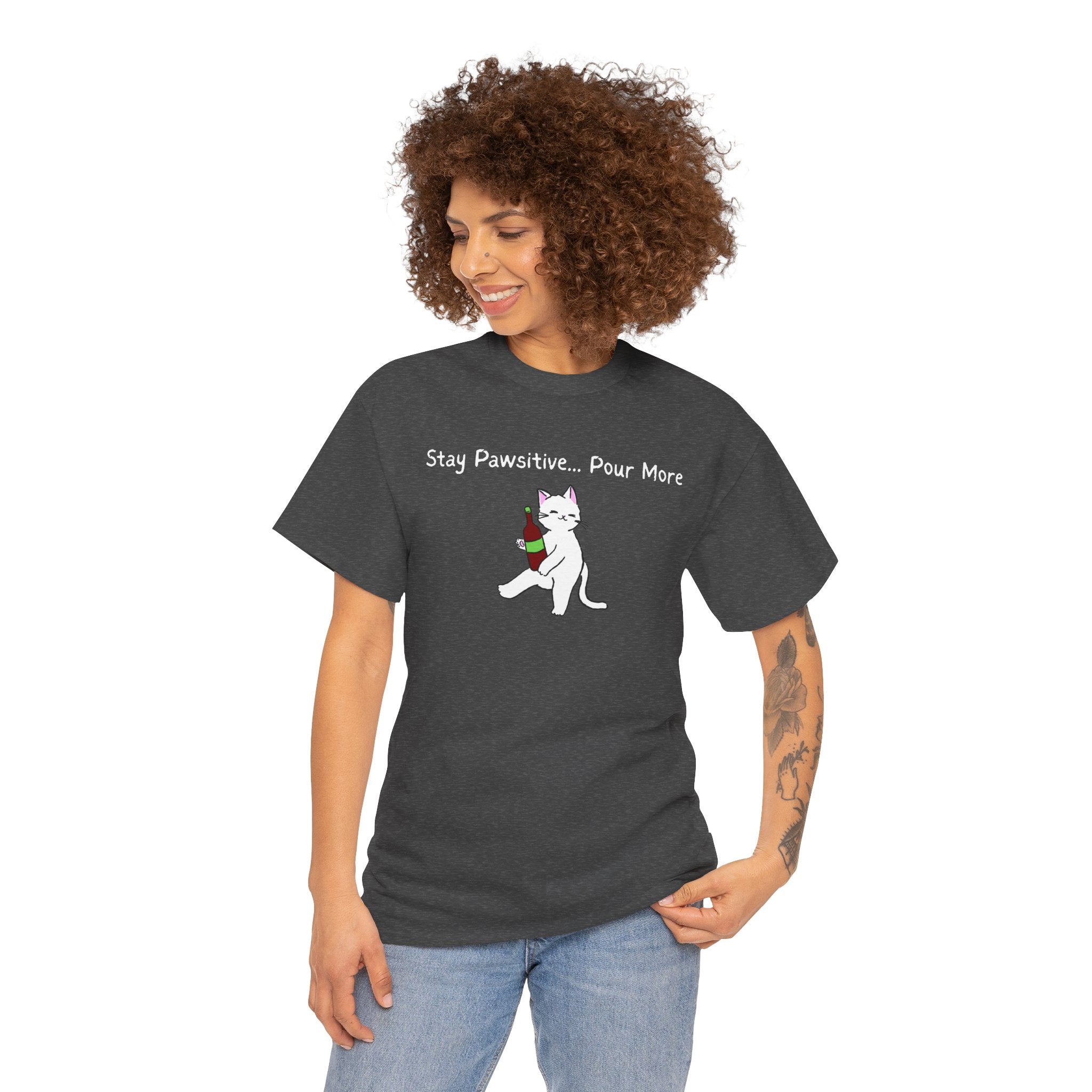 Cat Wine Tee - "Stay Pawsitive Pour More" Funny Cat Drinking T-Shirt
