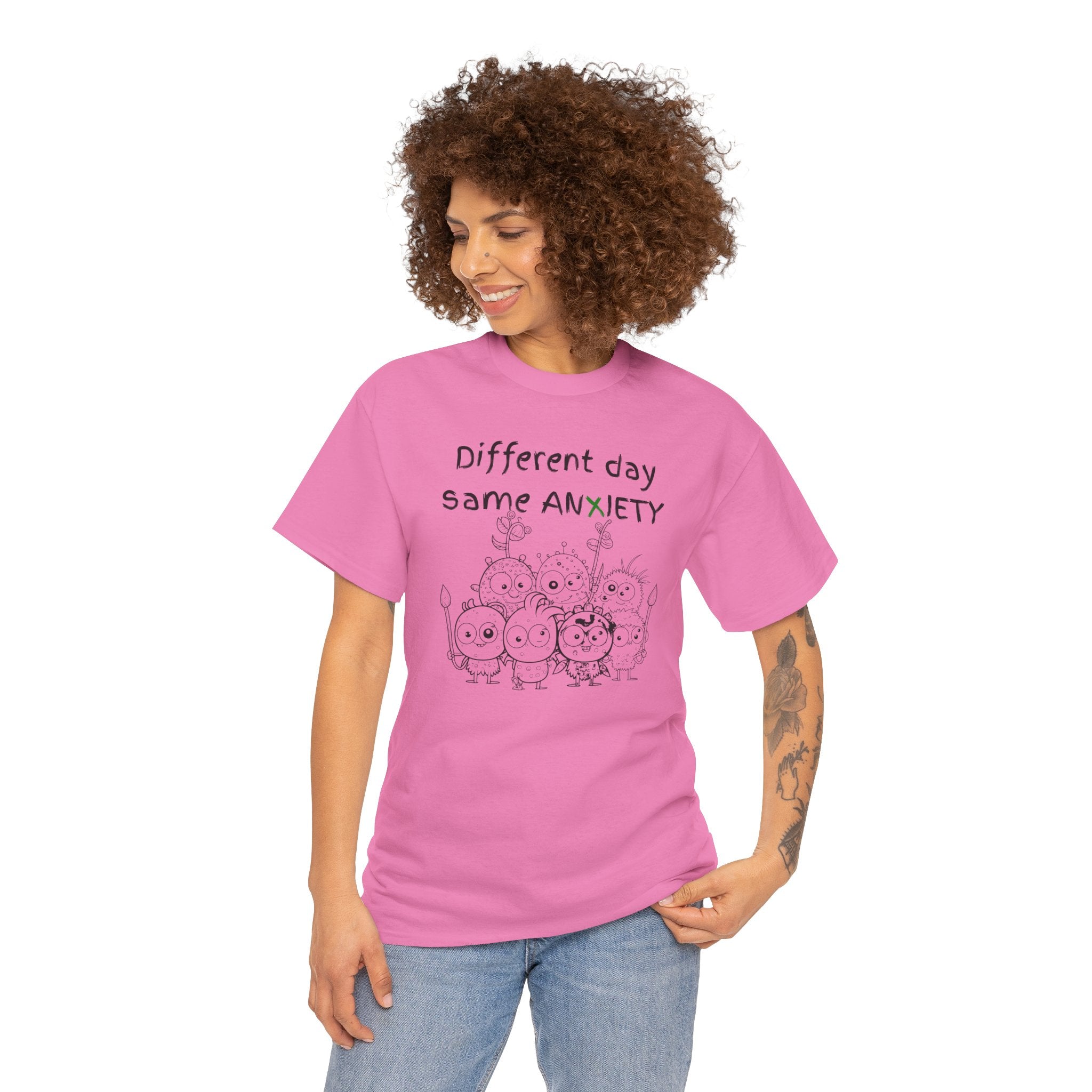 Anxiety Cartoon Tee — "Different day same ANXIETY" Mental Health Graphic T-Shirt