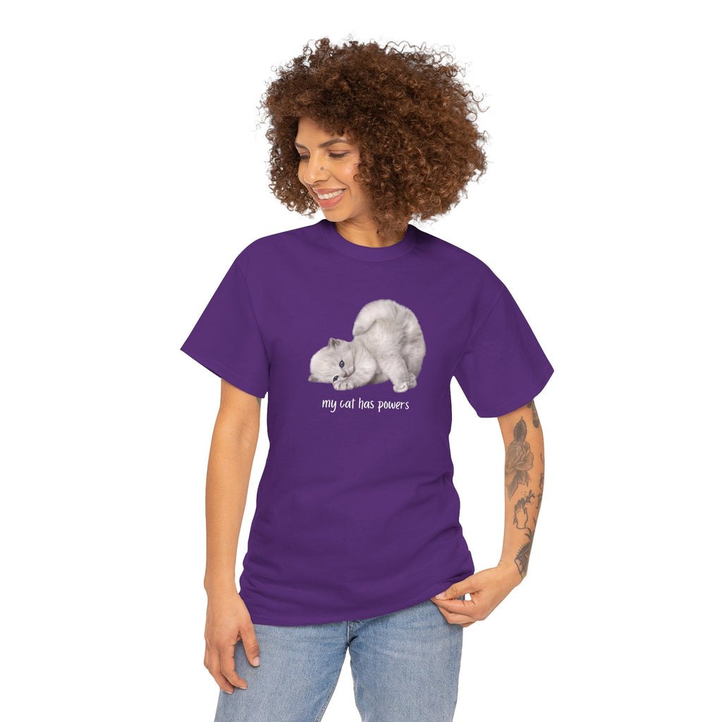 Cat T-Shirt – "My Cat Has Powers" Cute Stretching Cat Graphic Tee