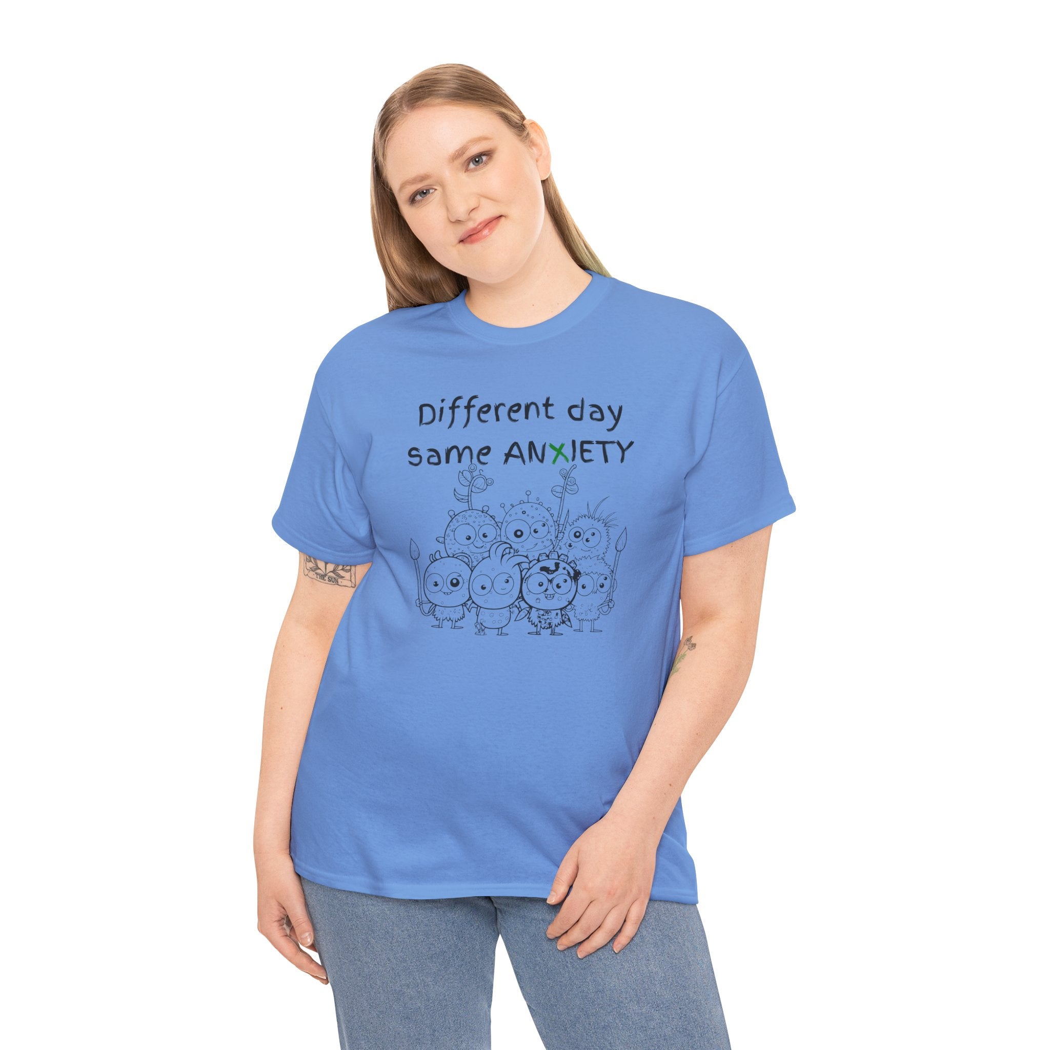 Anxiety Cartoon Tee — "Different day same ANXIETY" Mental Health Graphic T-Shirt