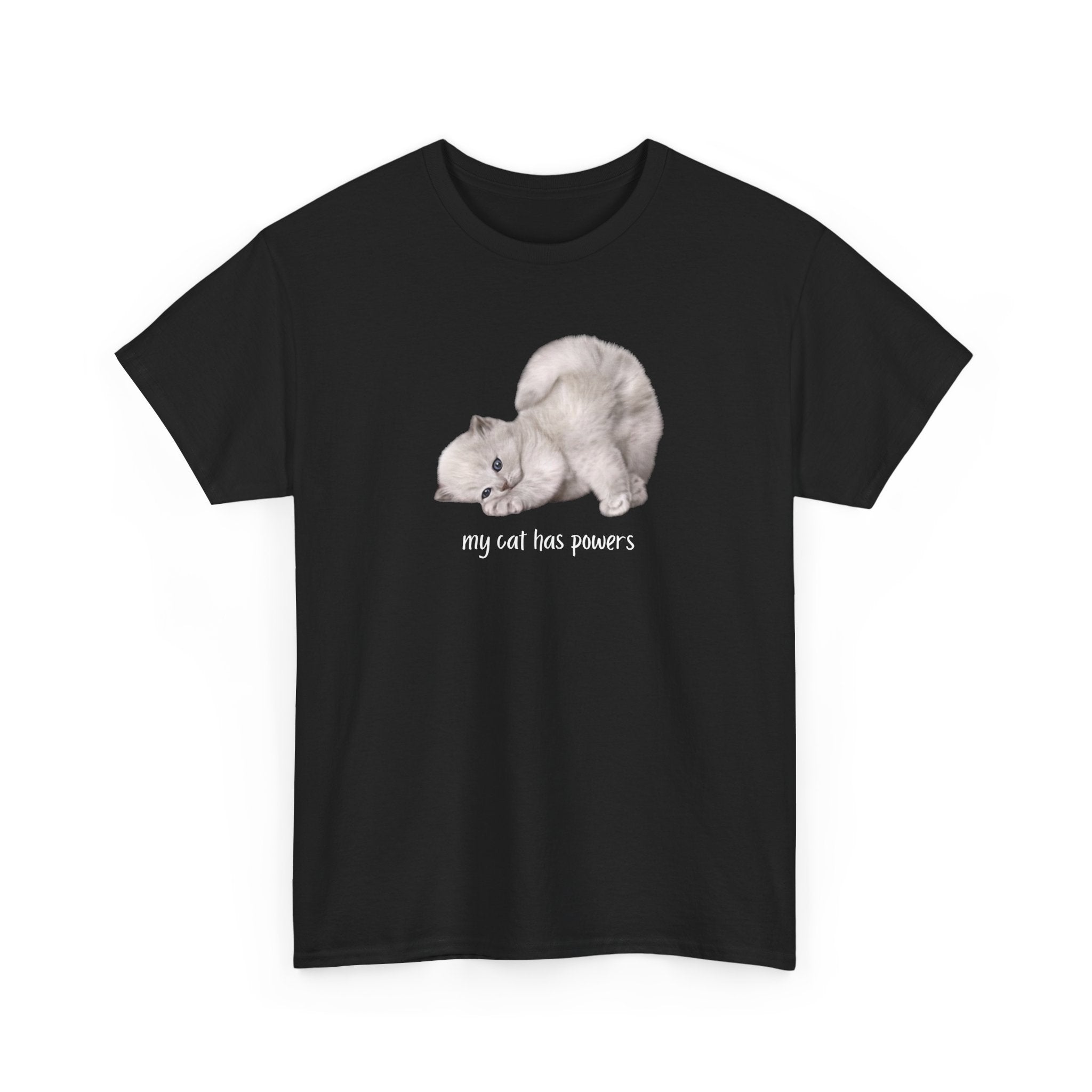 Cat T-Shirt – "My Cat Has Powers" Cute Stretching Cat Graphic Tee