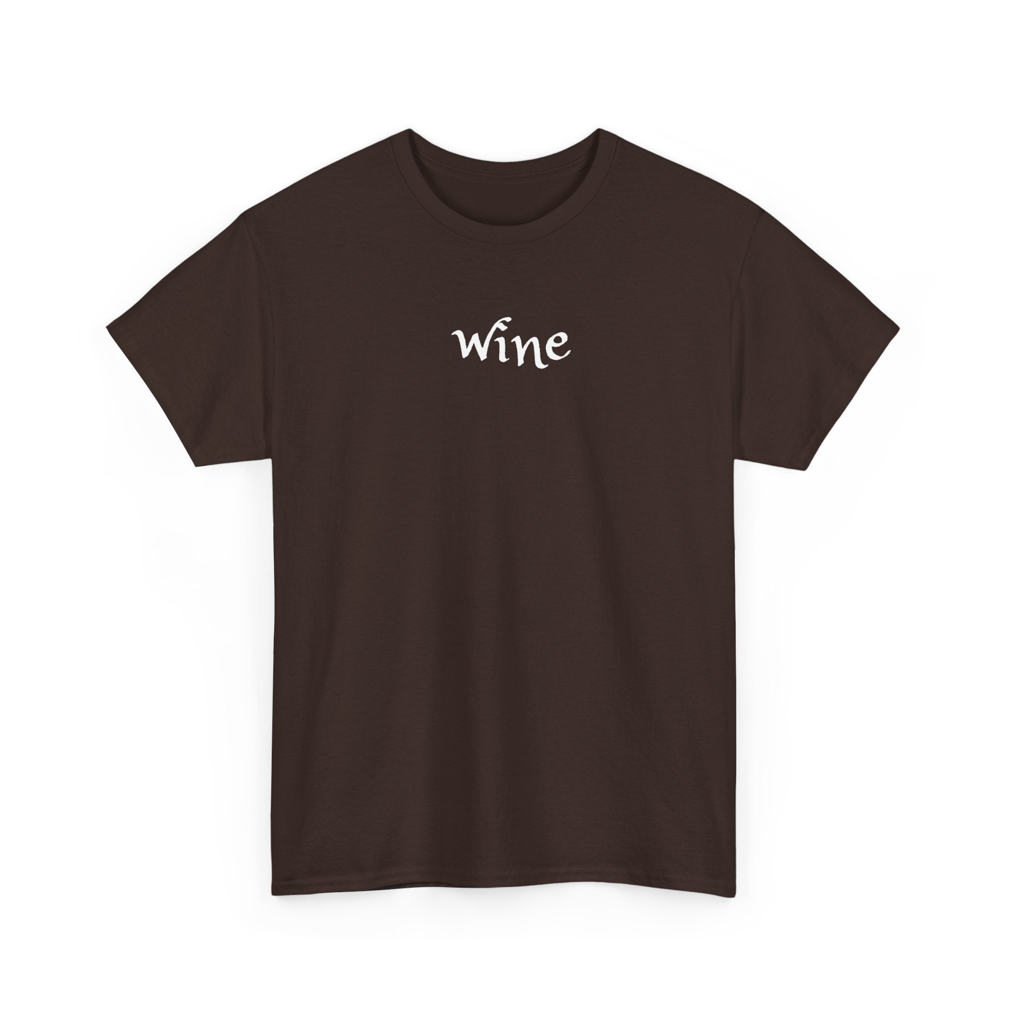 Wine Graphic Tee — Minimalist Small Chest 'wine' Text T‑Shirt