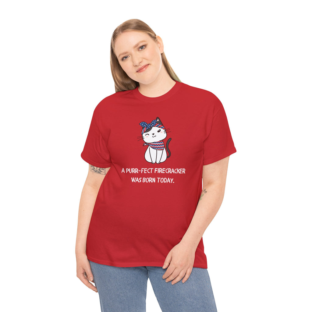 Cat Birthday Tee — "A Purr-fect Firecracker Was Born Today"
