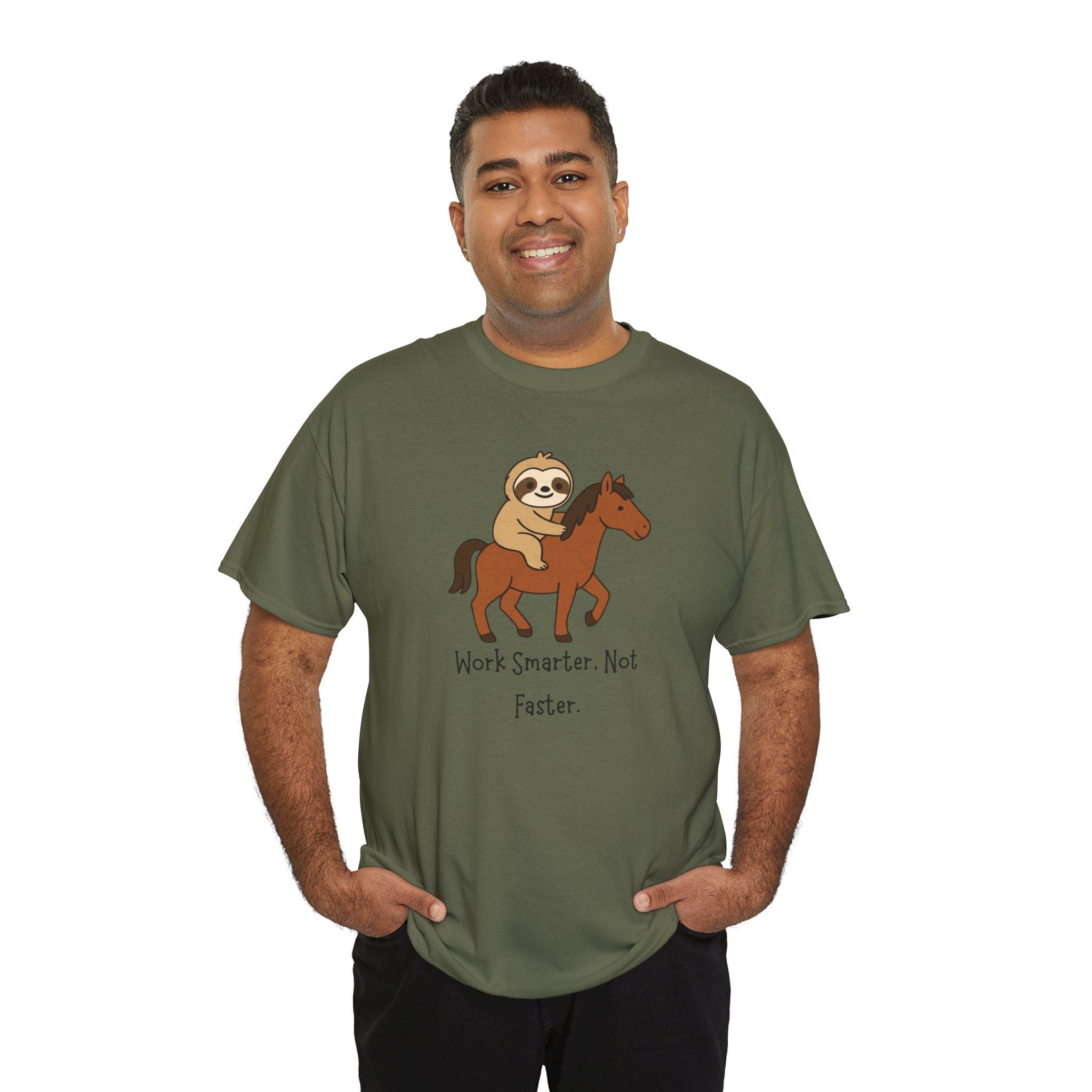 Sloth on Horse Tee — "Work Smarter, Not Faster" Cute Casual Graphic T-Shirt