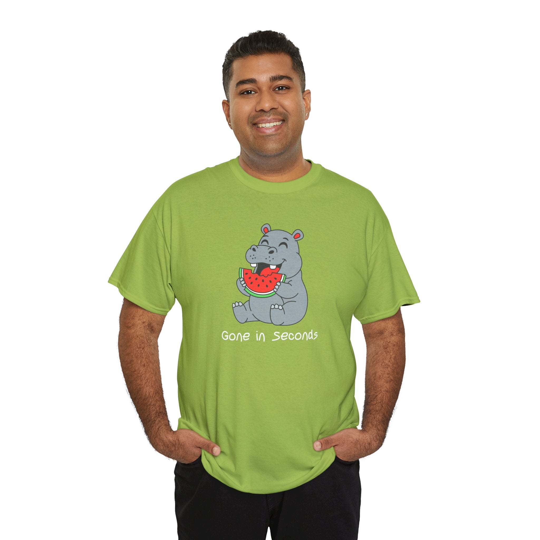 Hippo Eating Watermelon Tee — "Gone in Seconds" Cute Animal Graphic Shirt