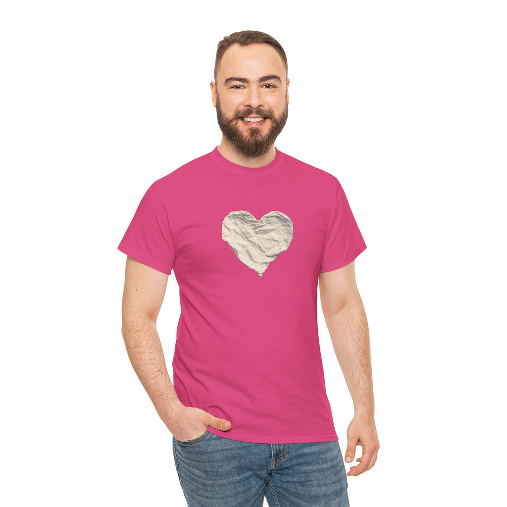 Crinkled Paper Heart Tee - Minimalist White Cotton Shirt