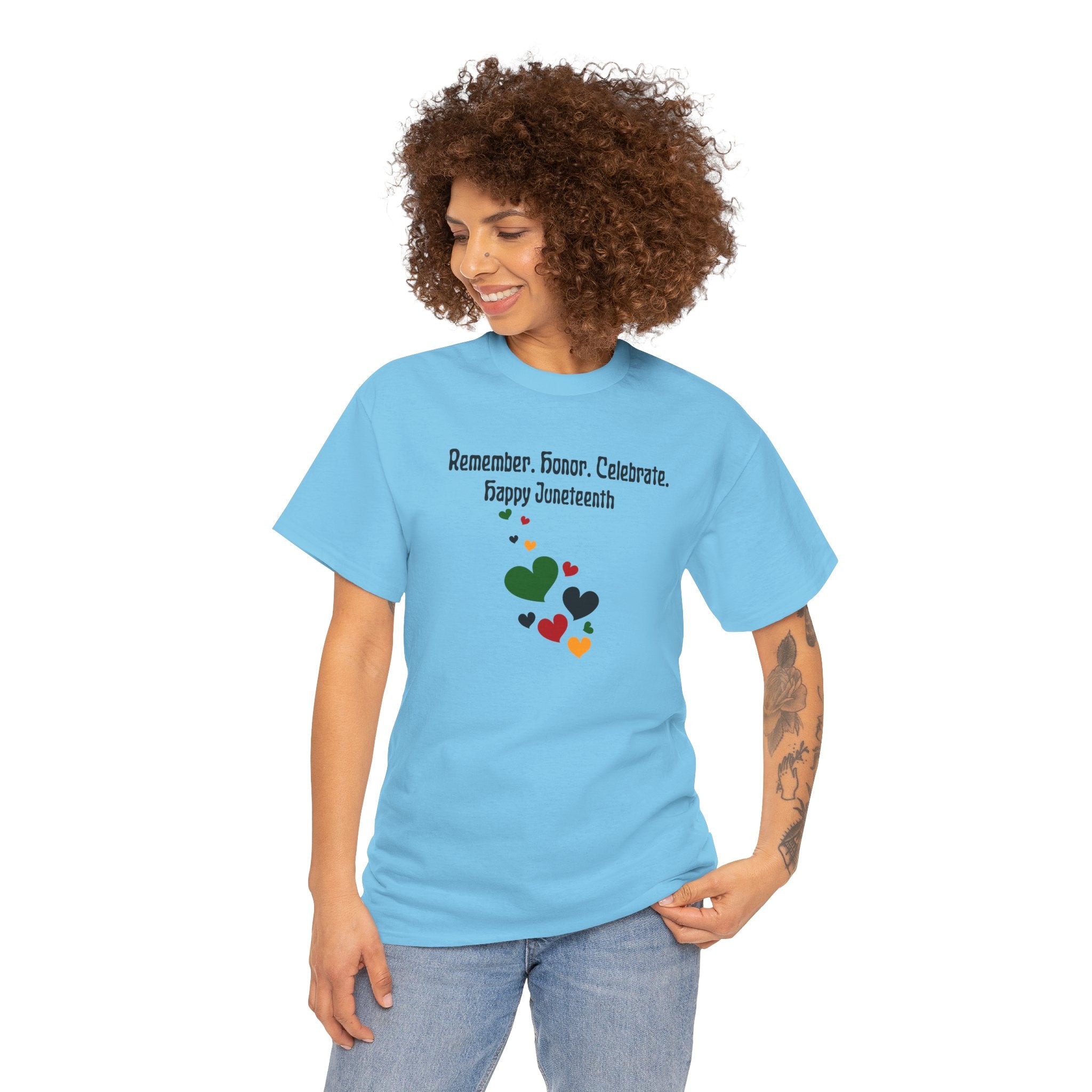 Juneteenth Celebration T‑Shirt — "Remember. Honor. Celebrate. Happy Juneteenth" with Pan-African Heart Design