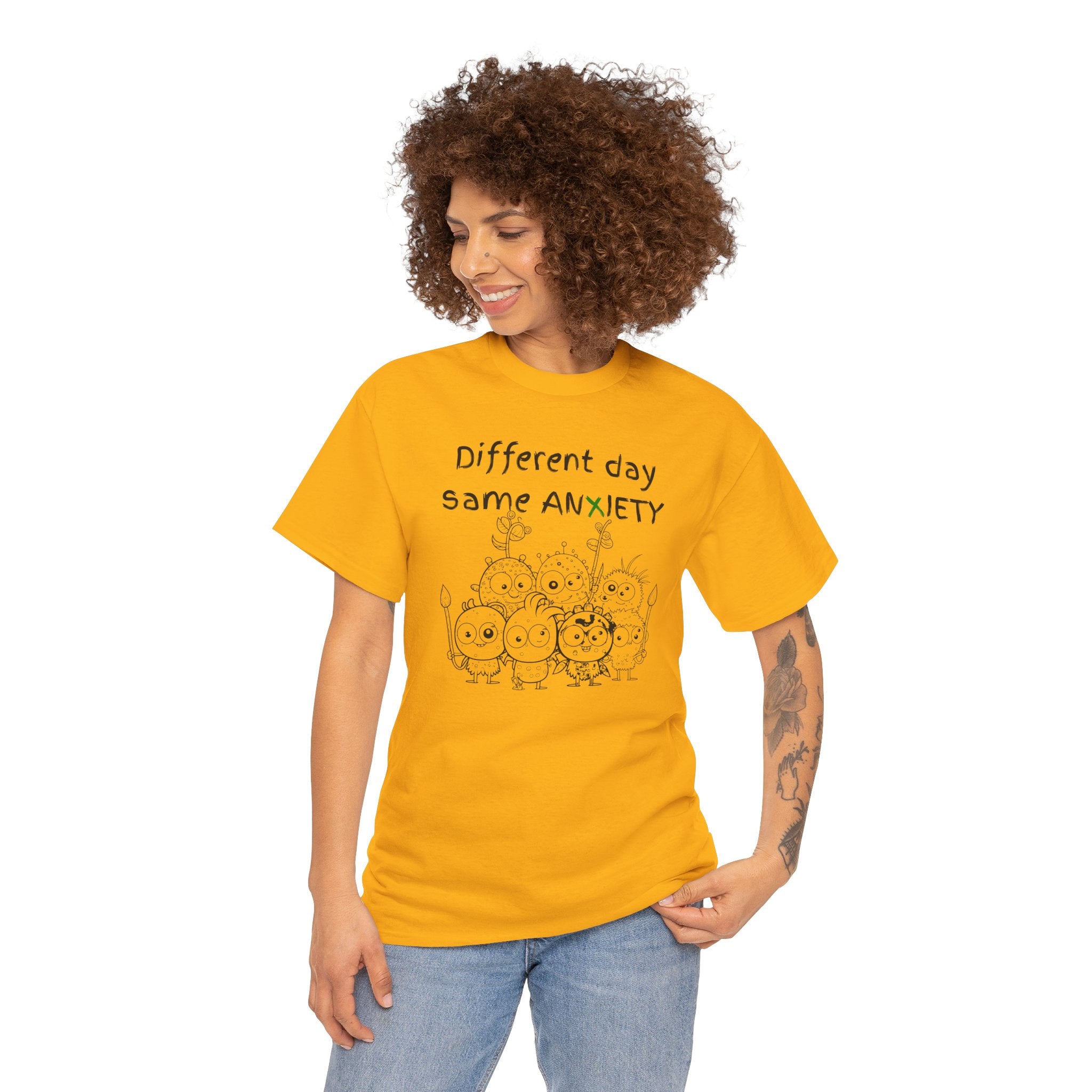 Anxiety Cartoon Tee — "Different day same ANXIETY" Mental Health Graphic T-Shirt