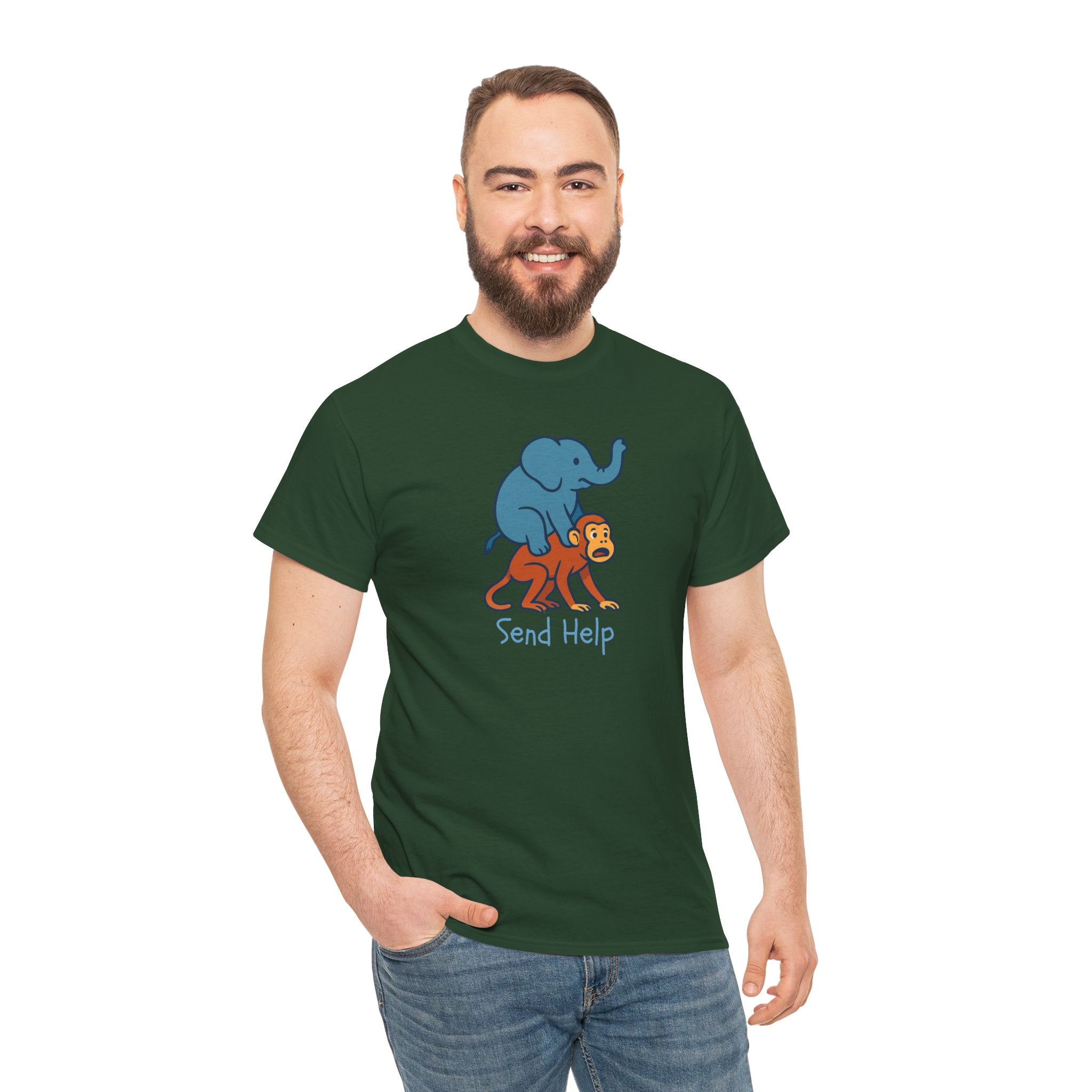 Funny Elephant Riding Monkey T-Shirt — "Send Help" Graphic Tee