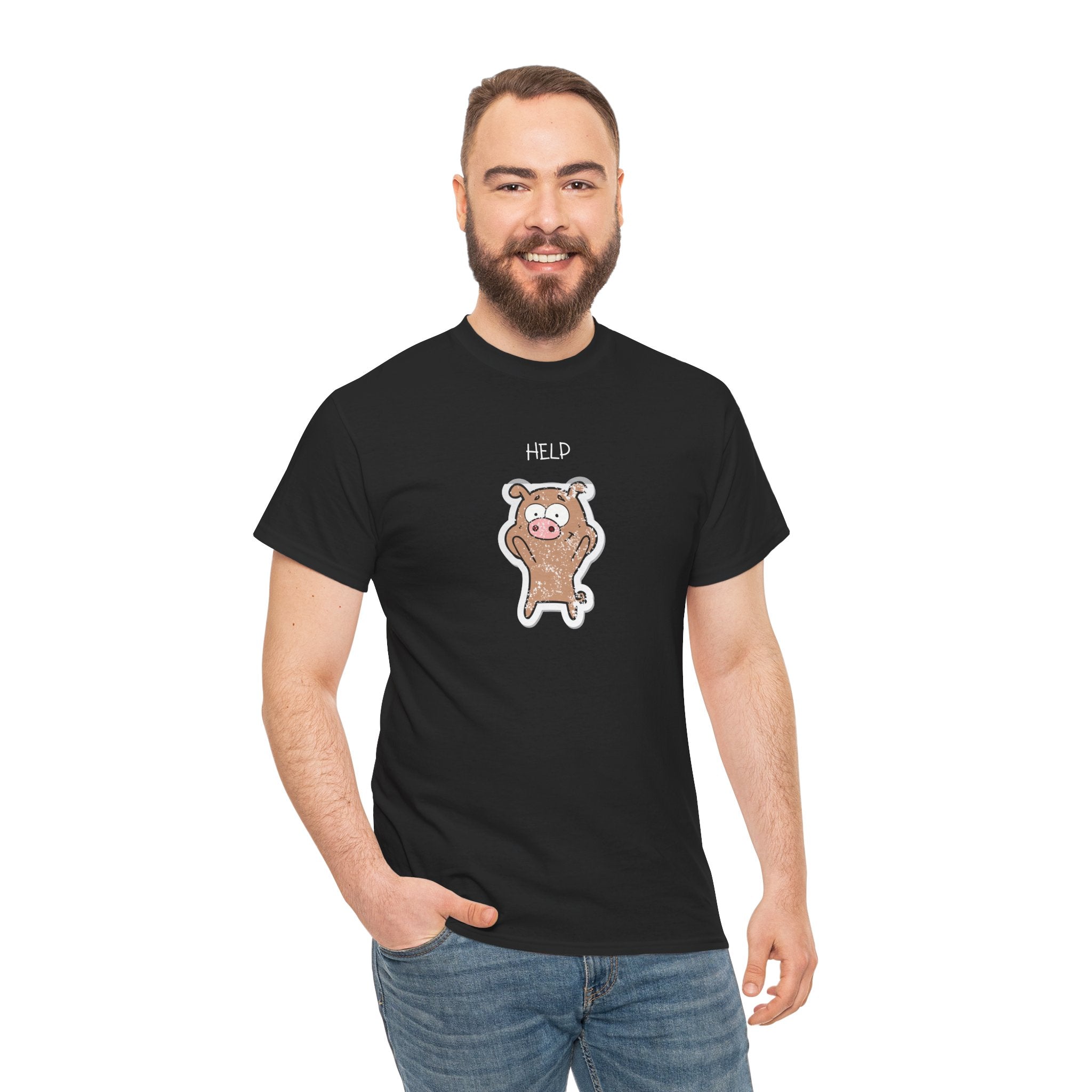 Help Pig Graphic Tee — Cute Distressed Pig Cartoon T-Shirt