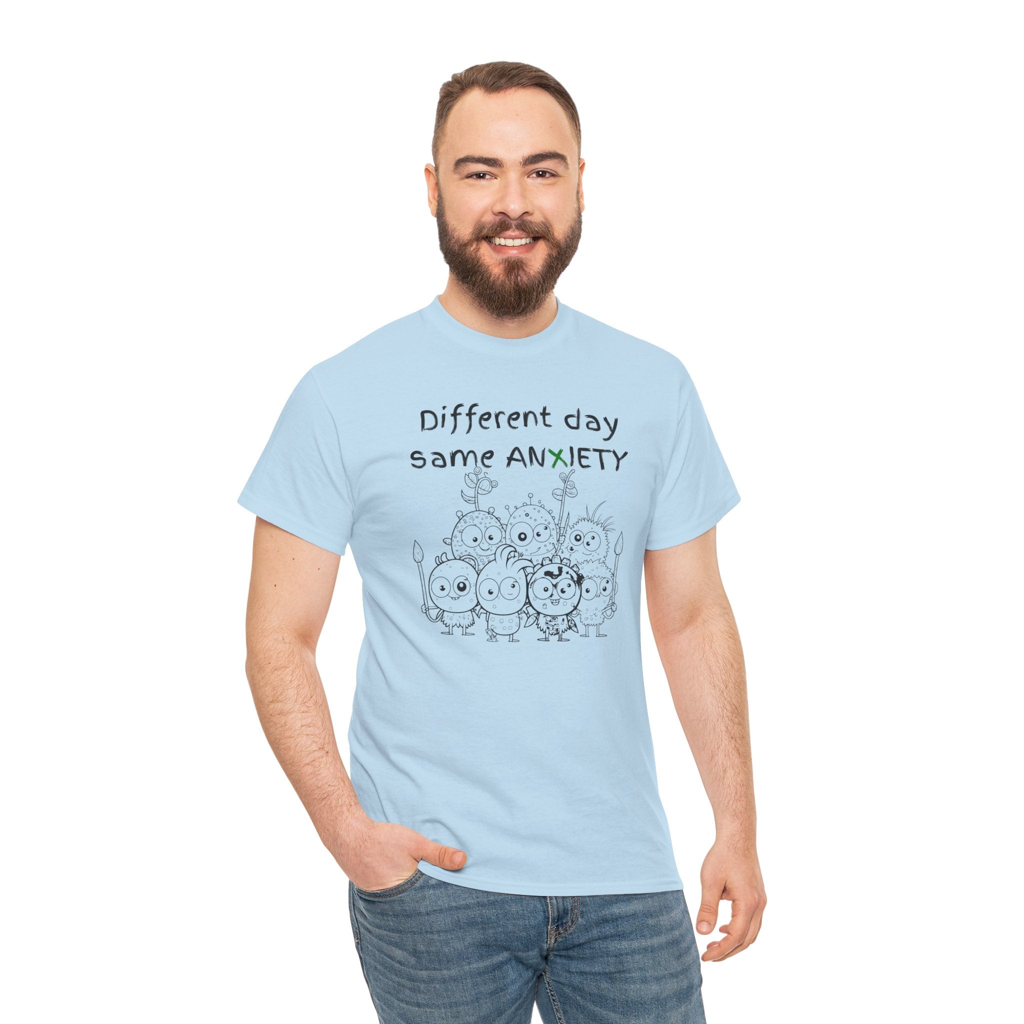 Anxiety Cartoon Tee — "Different day same ANXIETY" Mental Health Graphic T-Shirt