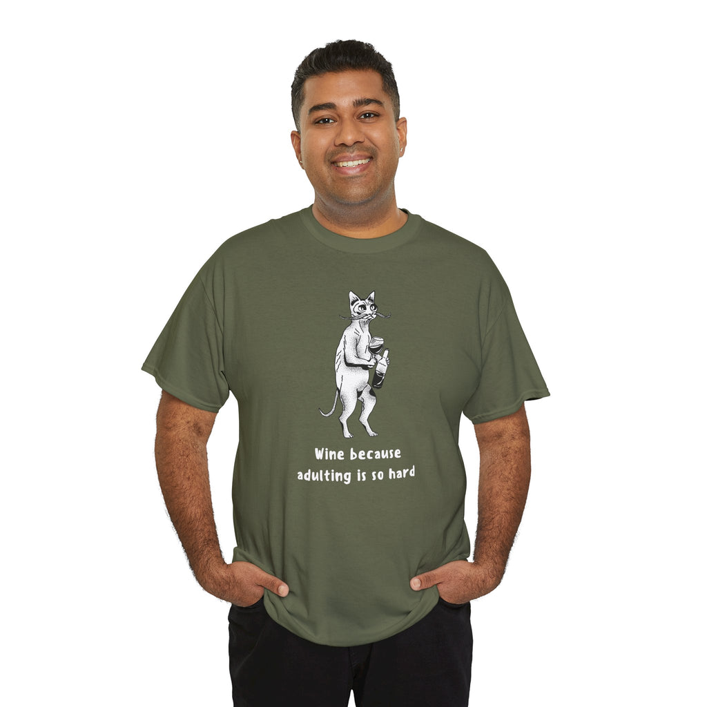 T-Shirt — 'Wine because adulting is so hard' Cat Wine Graphic Tee