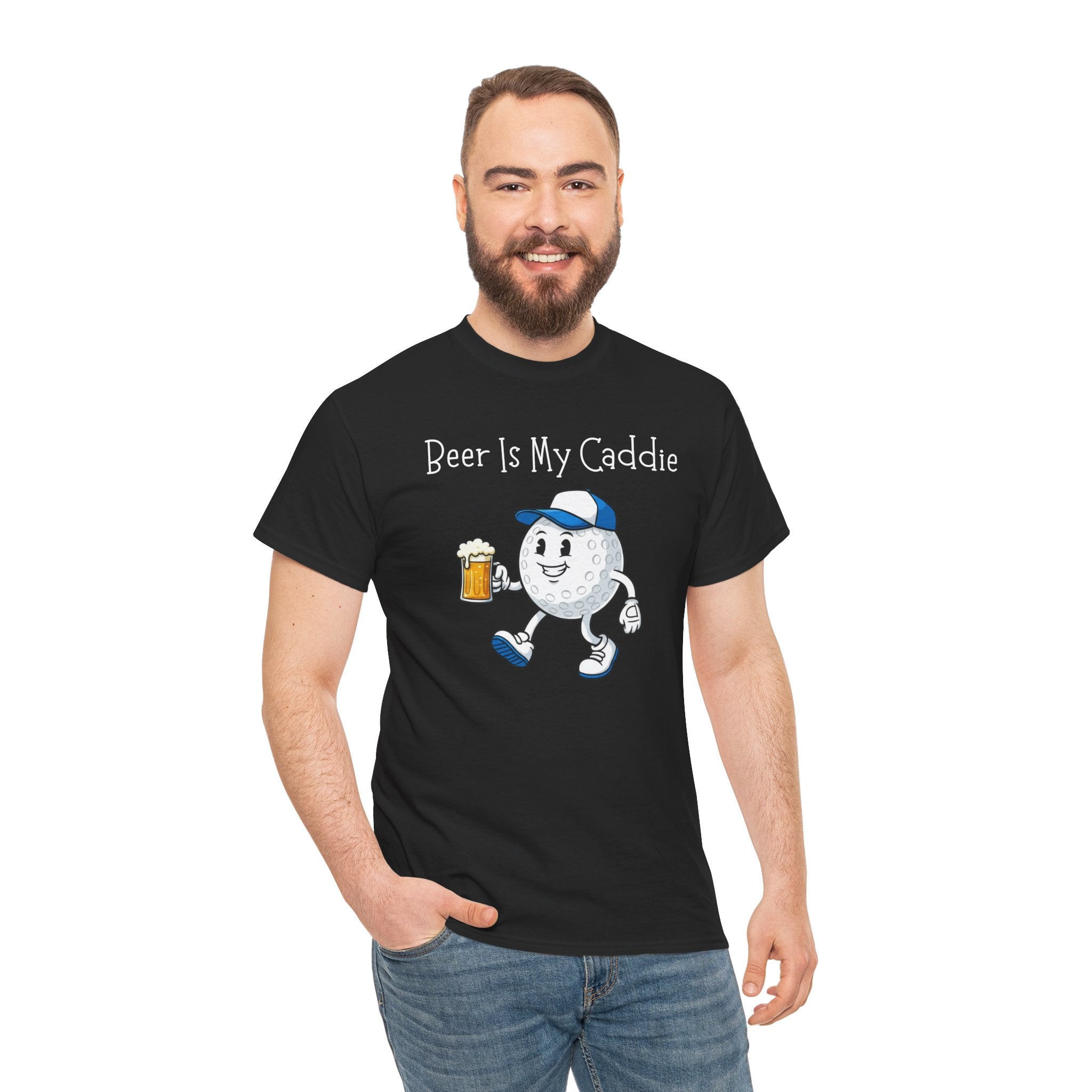 Golf Ball Cartoon Tee — "Beer Is My Caddie" Funny Golf Shirt