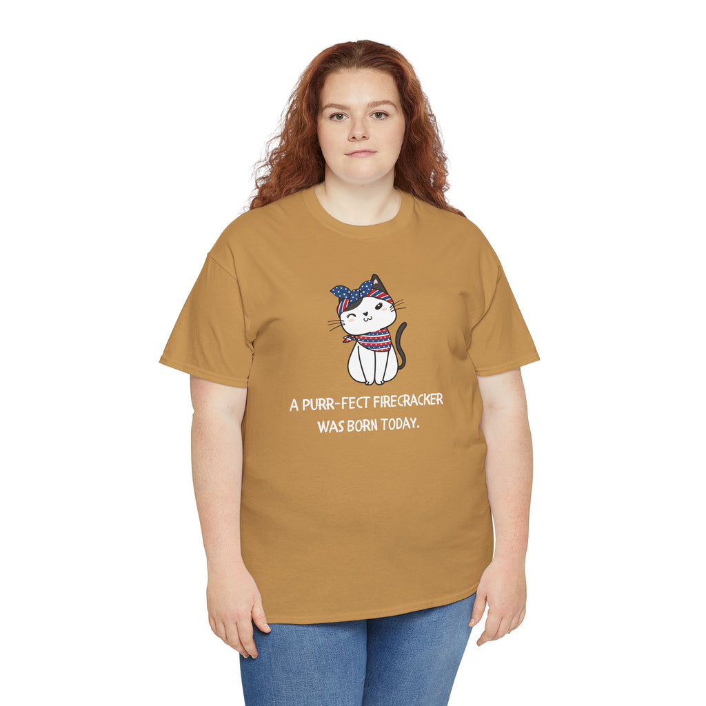 Cat Birthday Tee — "A Purr-fect Firecracker Was Born Today"