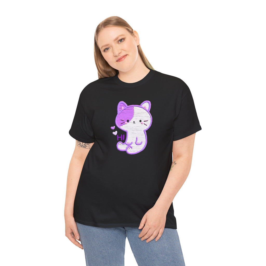 Cute Purple Cat “Hi” T-Shirt — Kawaii Kitten Graphic Tee