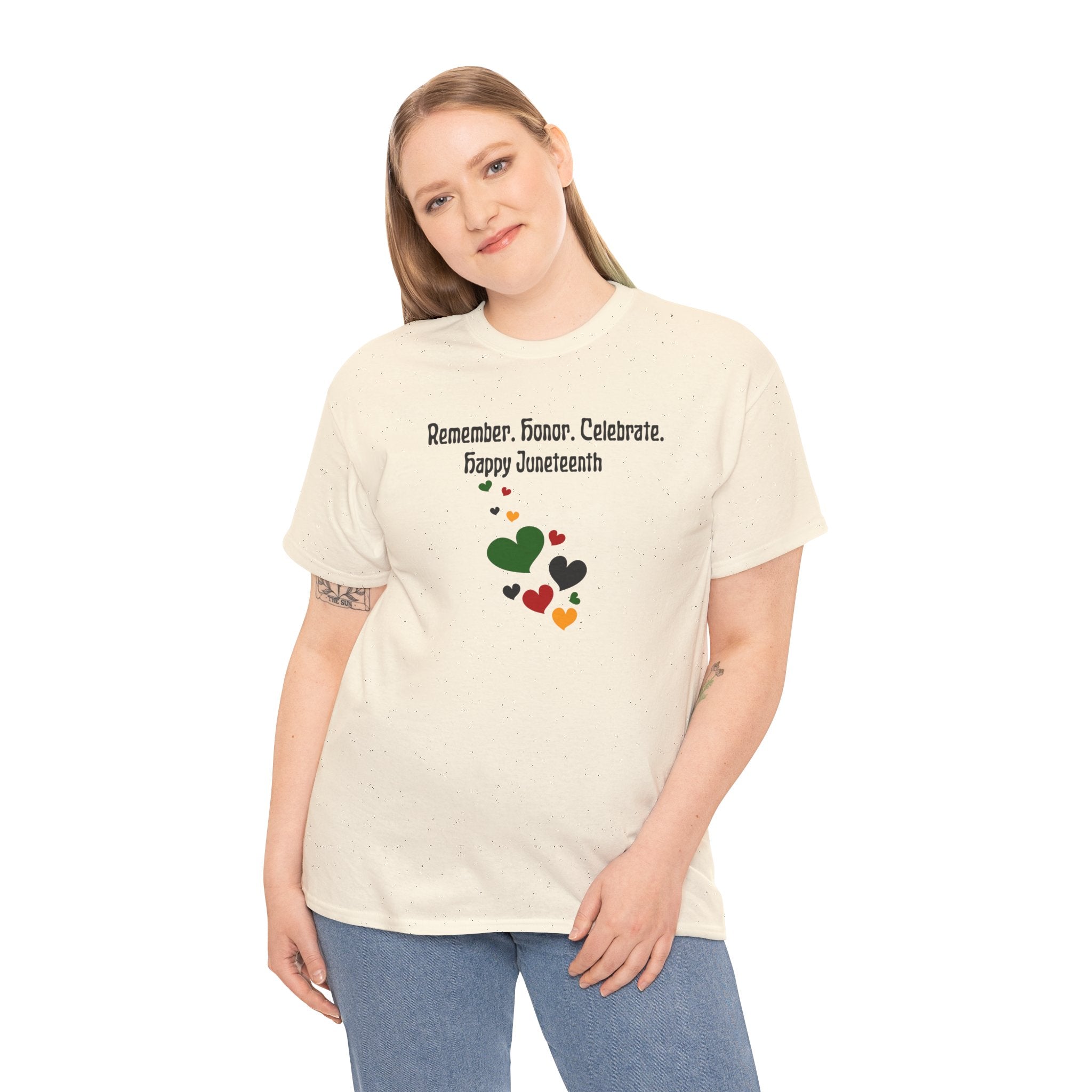 Juneteenth Celebration T‑Shirt — "Remember. Honor. Celebrate. Happy Juneteenth" with Pan-African Heart Design