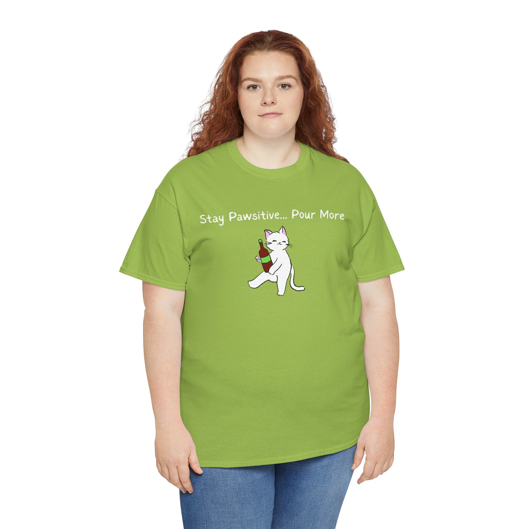 Cat Wine Tee - "Stay Pawsitive Pour More" Funny Cat Drinking T-Shirt